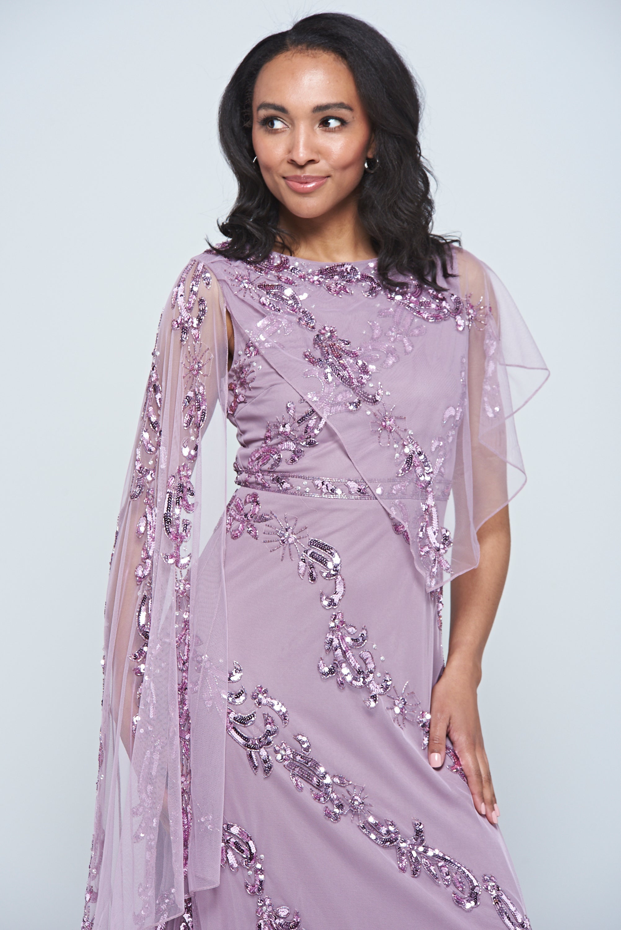 Lilla Lilac Embellished Asymmetric Cape Sleeve Maxi Dress by Frock and Frill, perfect for spring weddings and special occasions. 