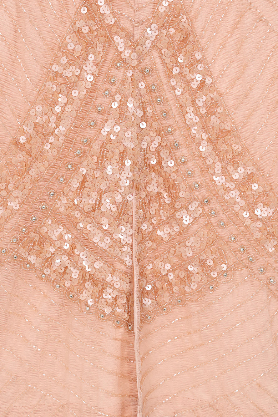 Liora blush embellished midi dress with intricate beading and sheer long sleeves. Perfect for parties and elegant evening occasions.