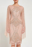 Liora blush embellished midi dress with intricate beading and sheer long sleeves. Perfect for parties and elegant evening occasions.