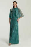 Lisette Teal Embellished Maxi Dress with Cape Detail, floor-length gown with all over beading and sheer cape sleeves, suitable for weddings and evening events
