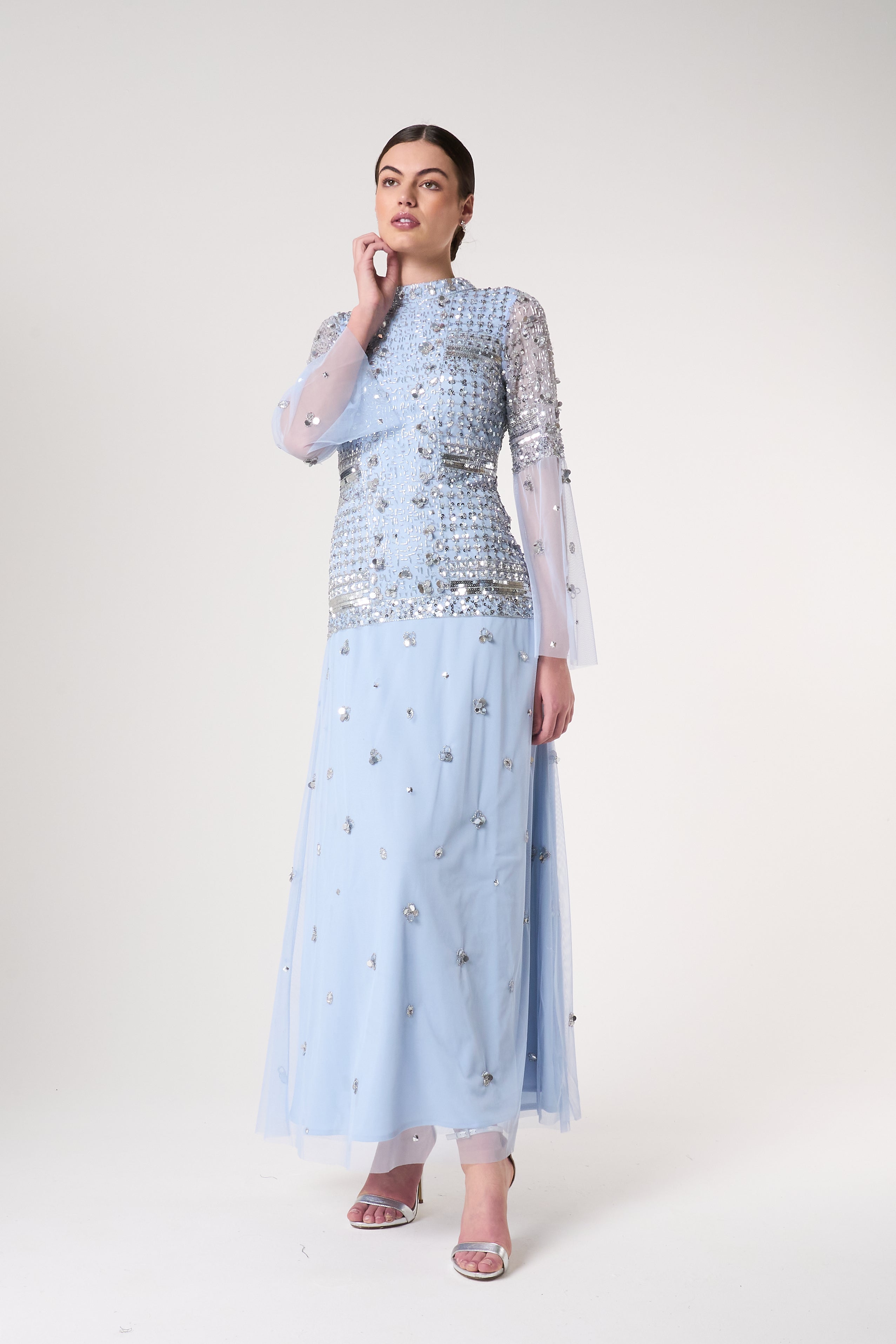 Lucile Ice Blue Embellished Maxi Dress 