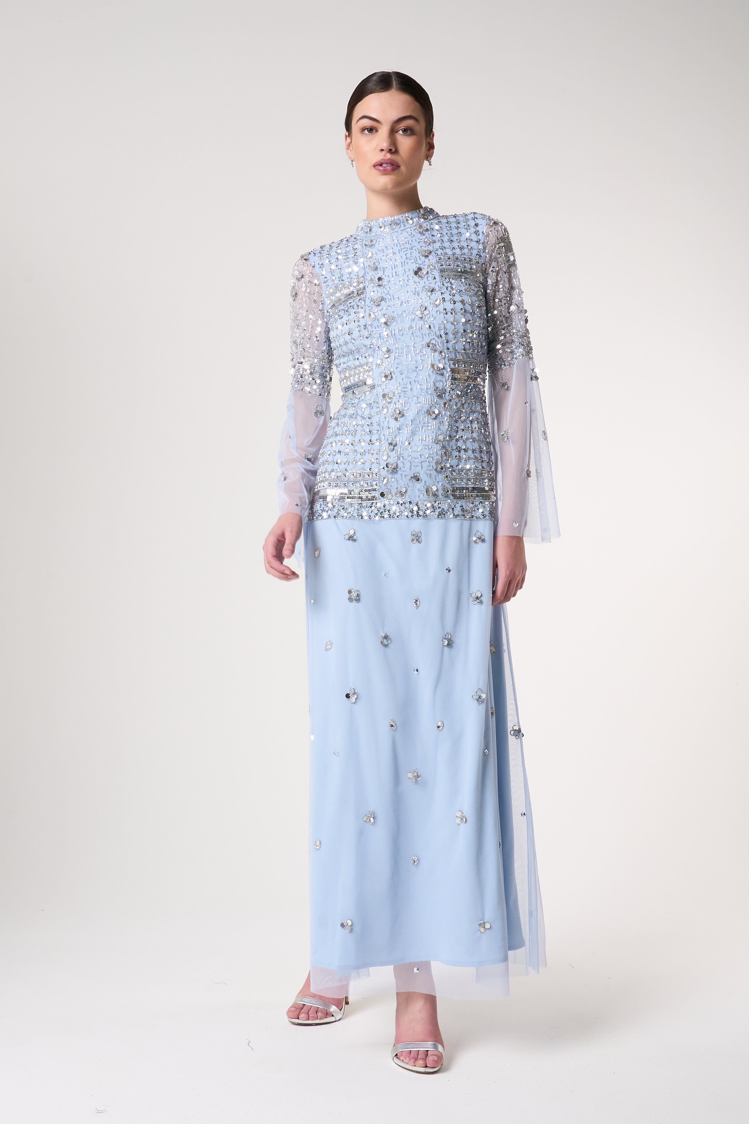 Lucile Ice Blue Embellished Maxi Dress 
