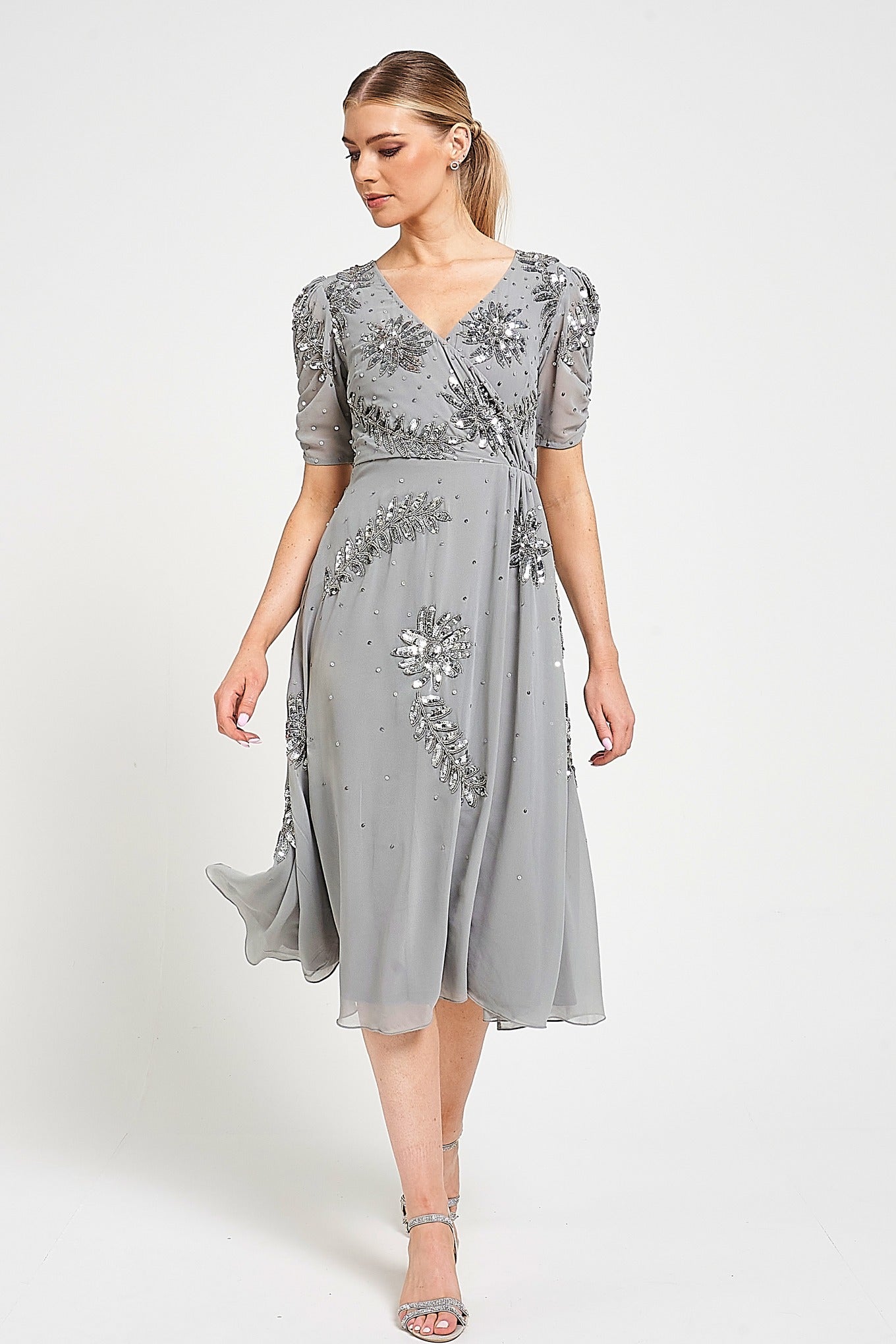Lucy Grey Embellished Midi Dress