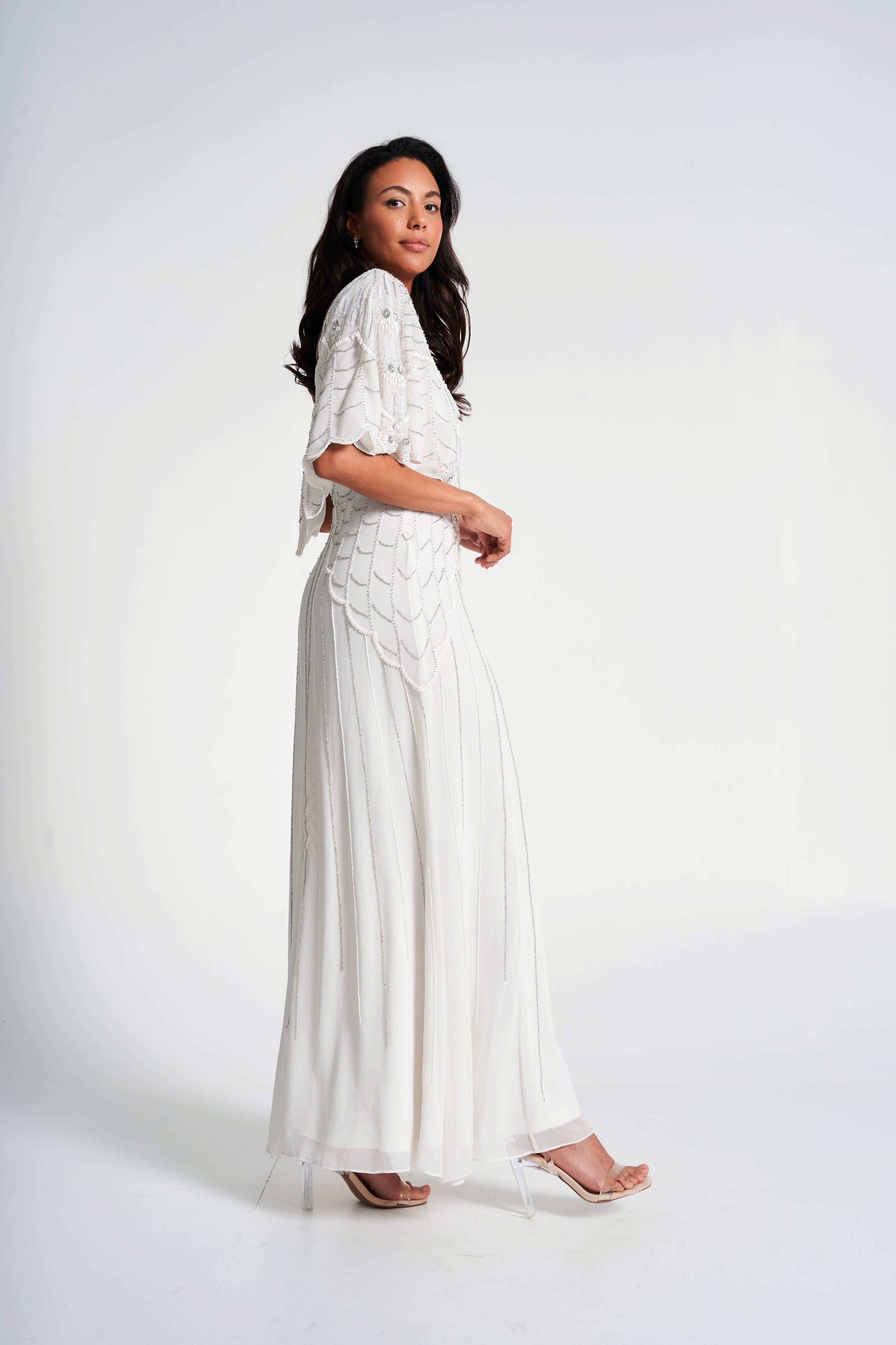 Luella White Embellished Cape Sleeve Maxi Dress