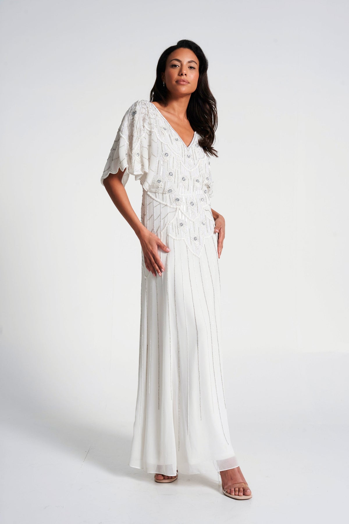 Luella White Embellished Cape Sleeve Maxi Dress