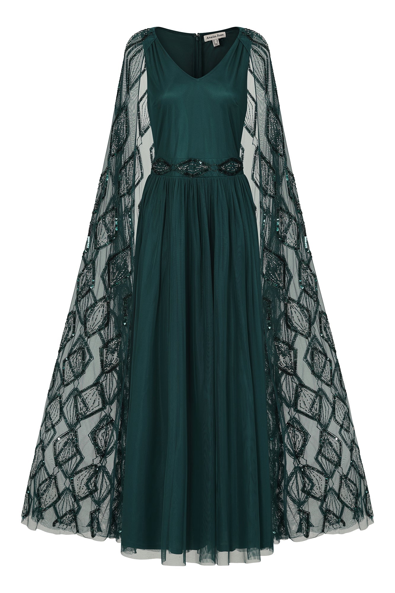 Mae Teal Green Embellished Cape Sleeve Maxi Dress