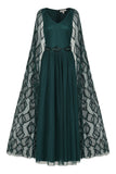 Mae Teal Green Embellished Cape Sleeve Maxi Dress