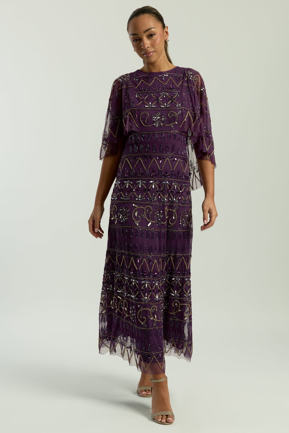 Mahonia Purple Embellished Cape Sleeve Midaxi Dress