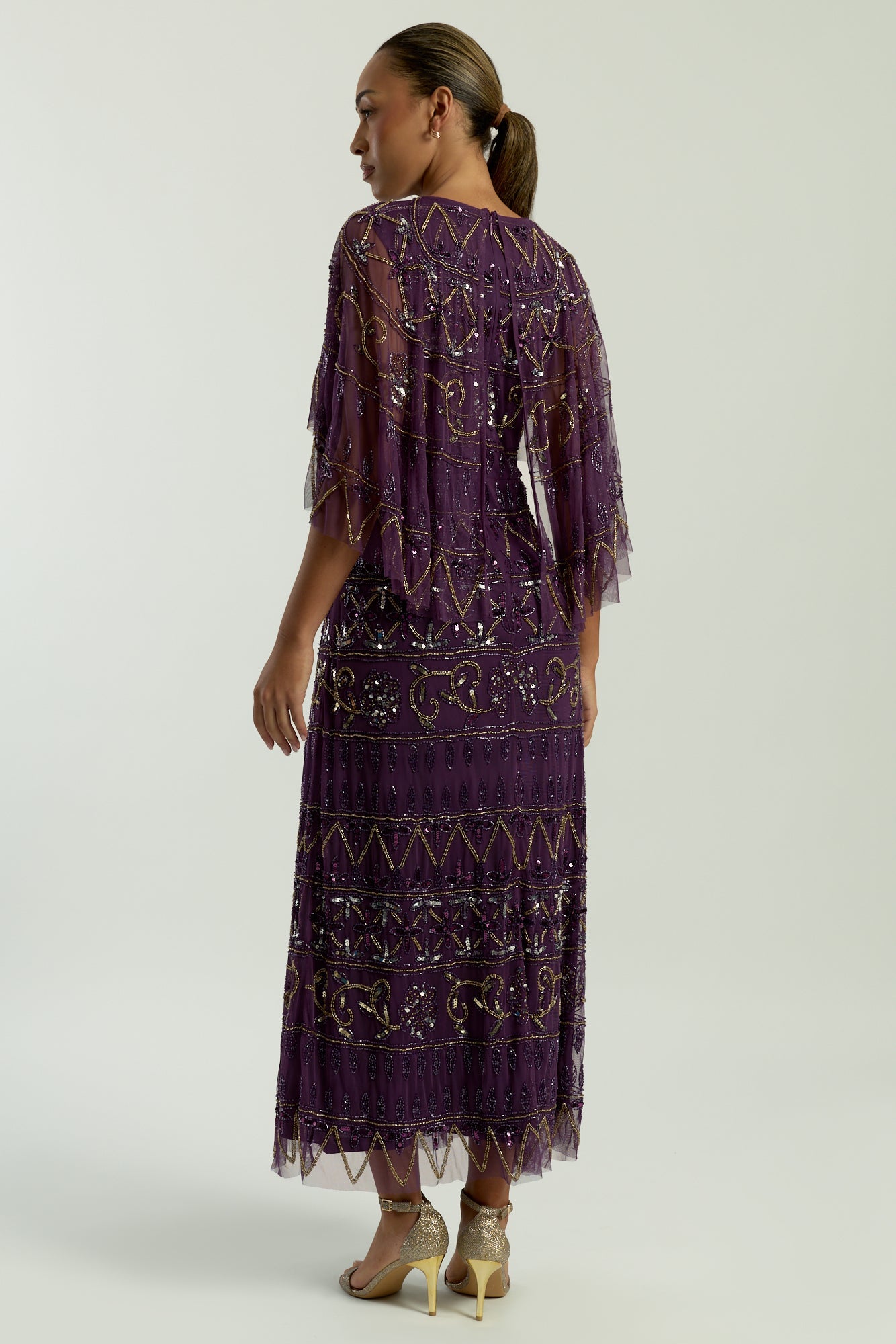 Mahonia Purple Embellished Cape Sleeve Midaxi Dress