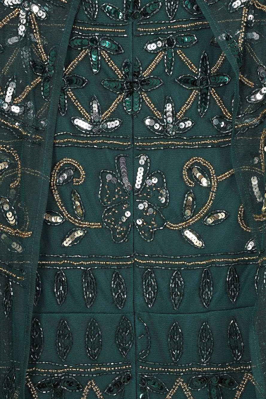 Mahonia by Frock and Frill green embellished midaxi dress with cape sleeves. 