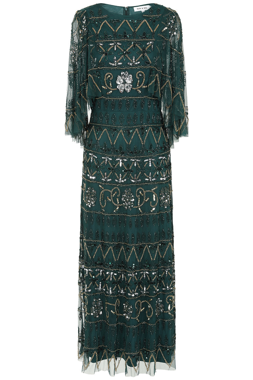Mahonia by Frock and Frill green embellished midaxi dress with cape sleeves. 