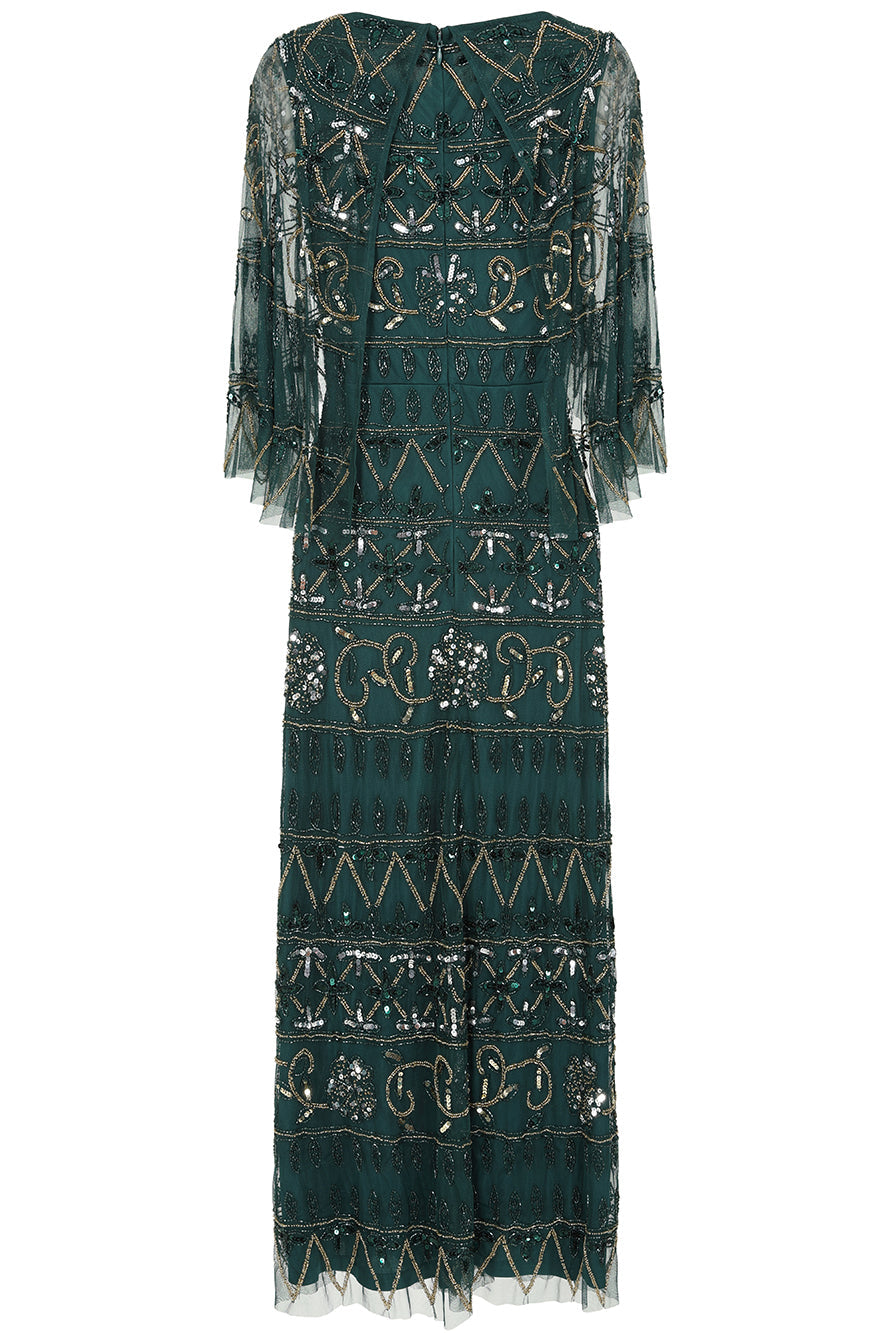 Mahonia by Frock and Frill green embellished midaxi dress with cape sleeves. 