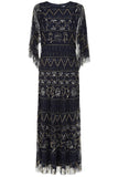 Navy Mahonia cape sleeve midaxi dress from Frock and Frill, fully embellished with sparkling beads, featuring a flowing skirt, perfect for weddings, parties, and modest evening occasions