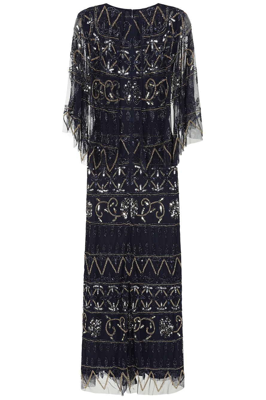 Navy Mahonia cape sleeve midaxi dress from Frock and Frill, fully embellished with sparkling beads, featuring a flowing skirt, perfect for weddings, parties, and modest evening occasions