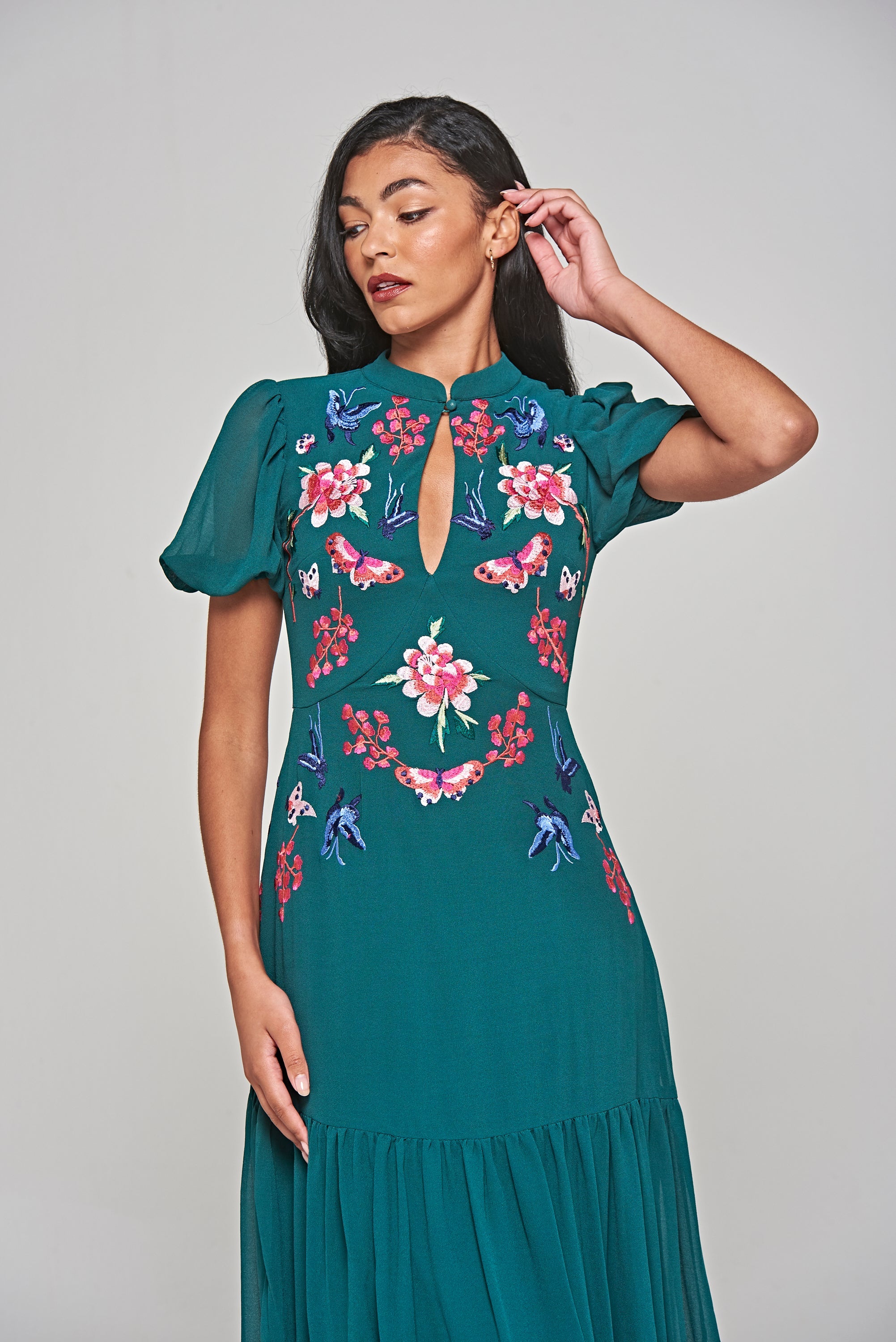 Marella Alpine Green Floral Embroidered Midi Dress