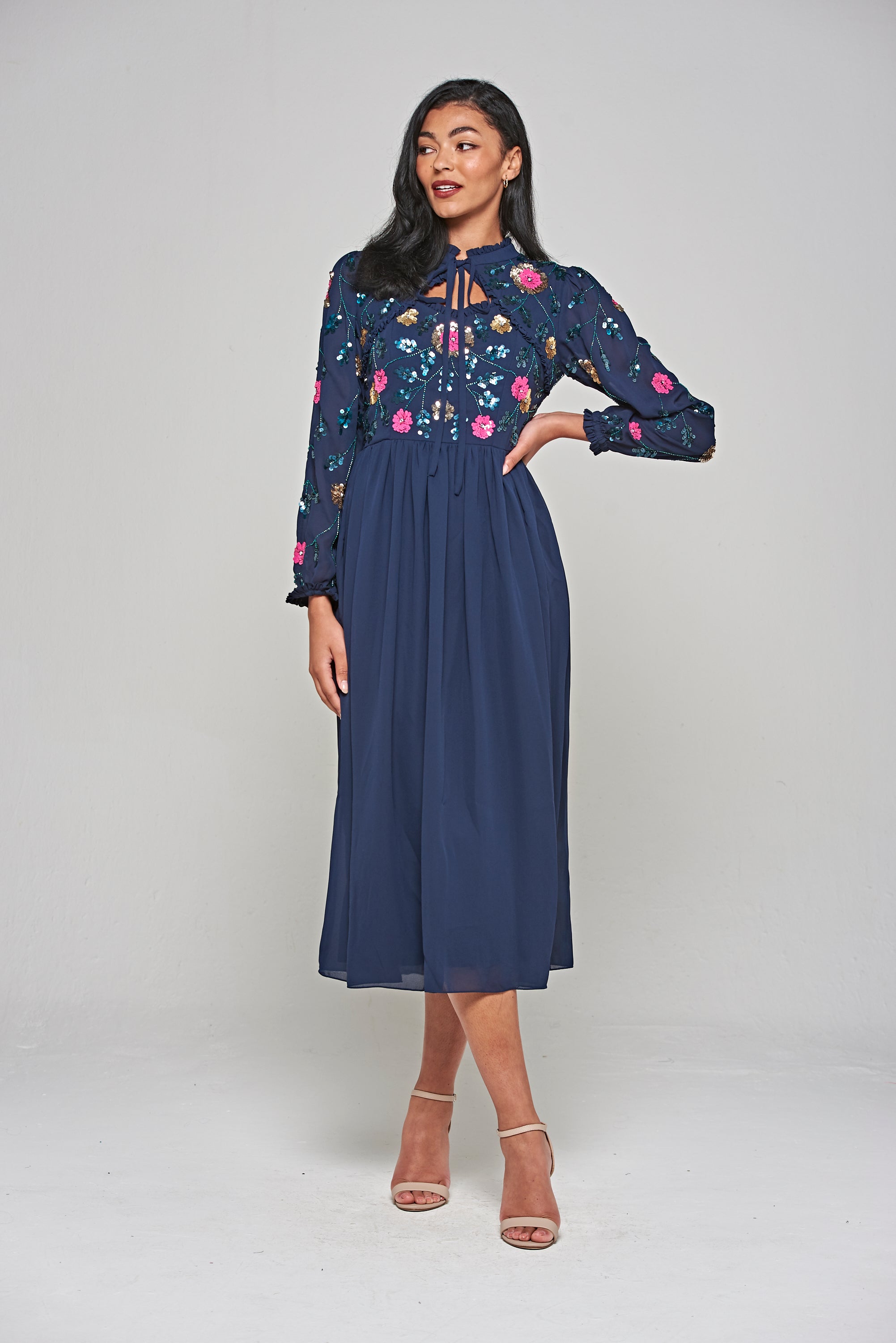 Marette Floral Embellished Midi Dress - Navy