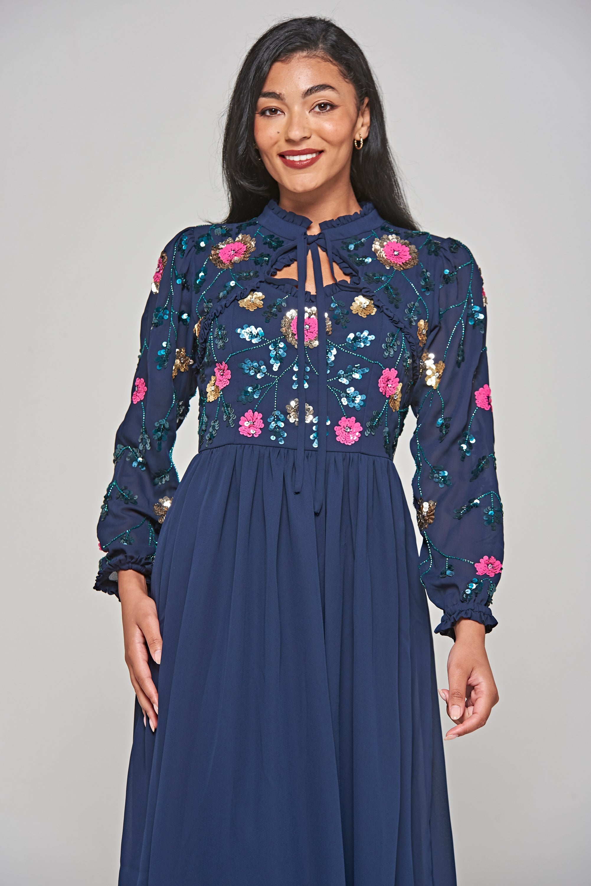 Marette Floral Embellished Midi Dress - Navy