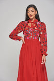 Marette Floral Embellished Midi Dress - Lipstick Red