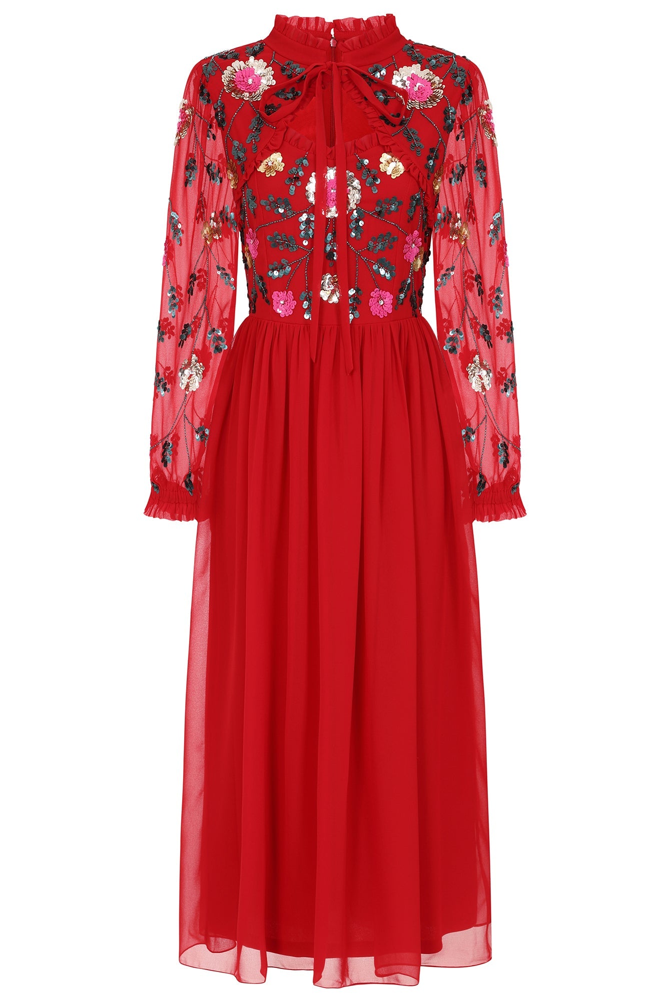 Marette Floral Embellished Midi Dress - Lipstick Red