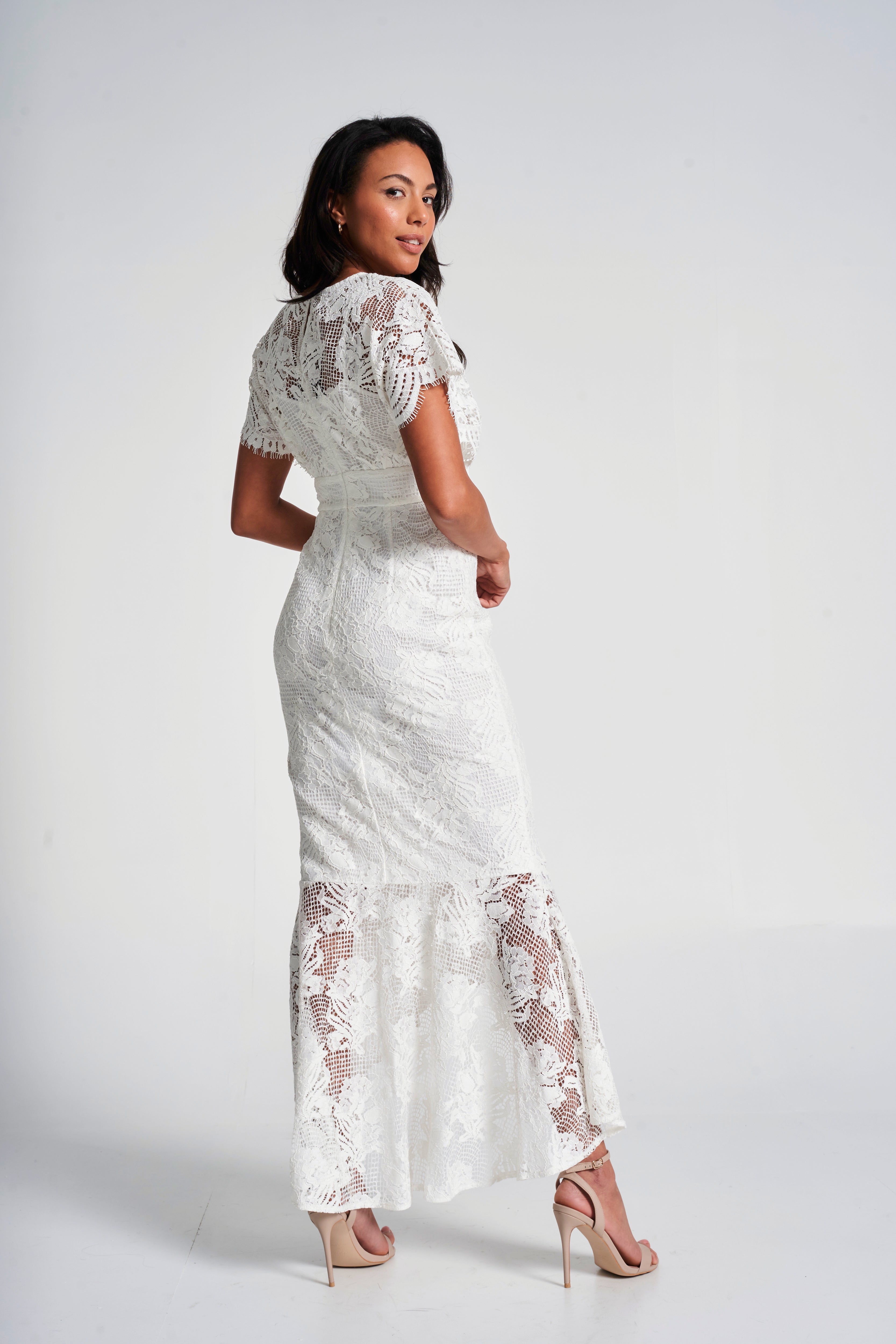 Marguerite White Lace Dip Hem Midaxi Dress