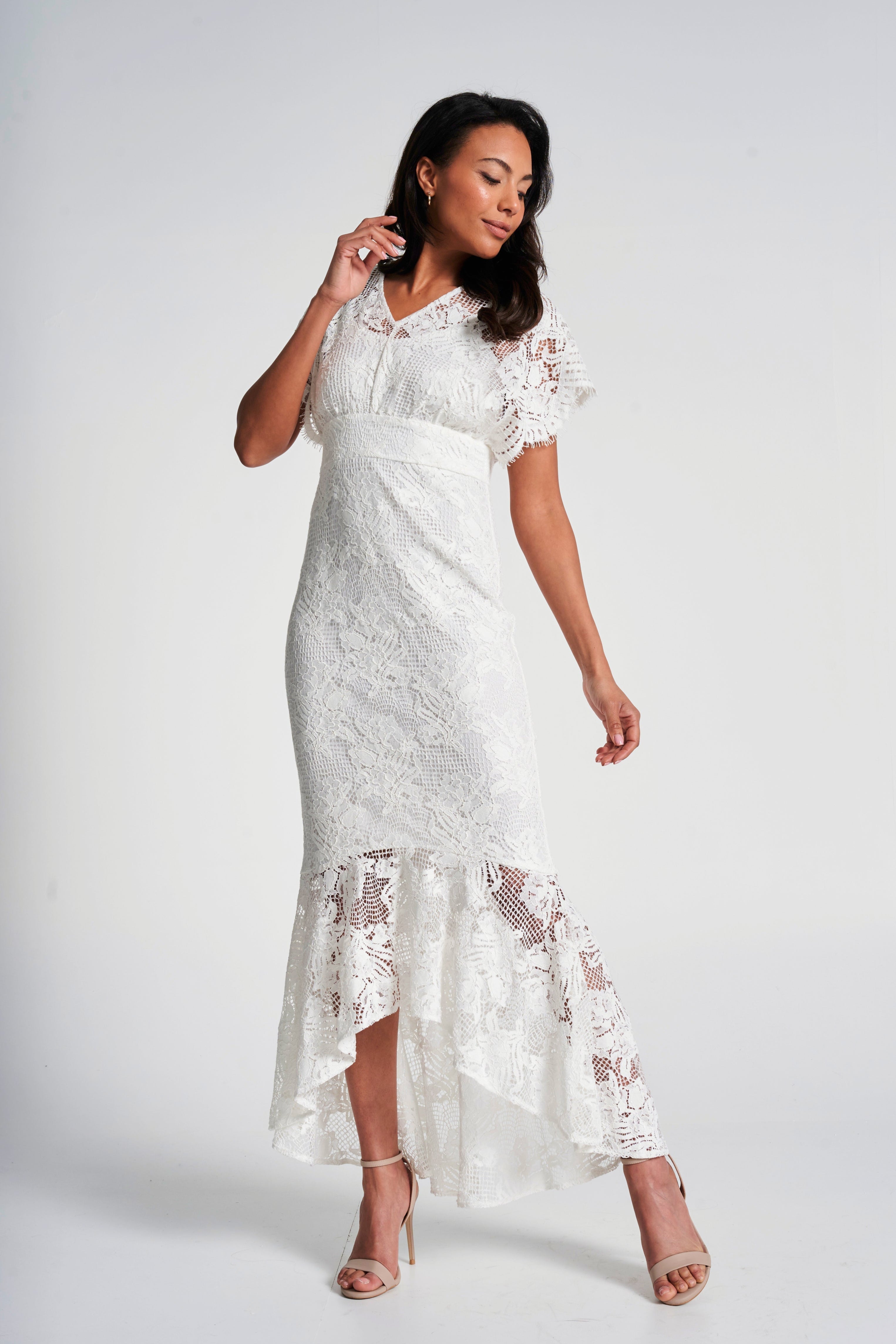 Marguerite White Lace Dip Hem Midaxi Dress