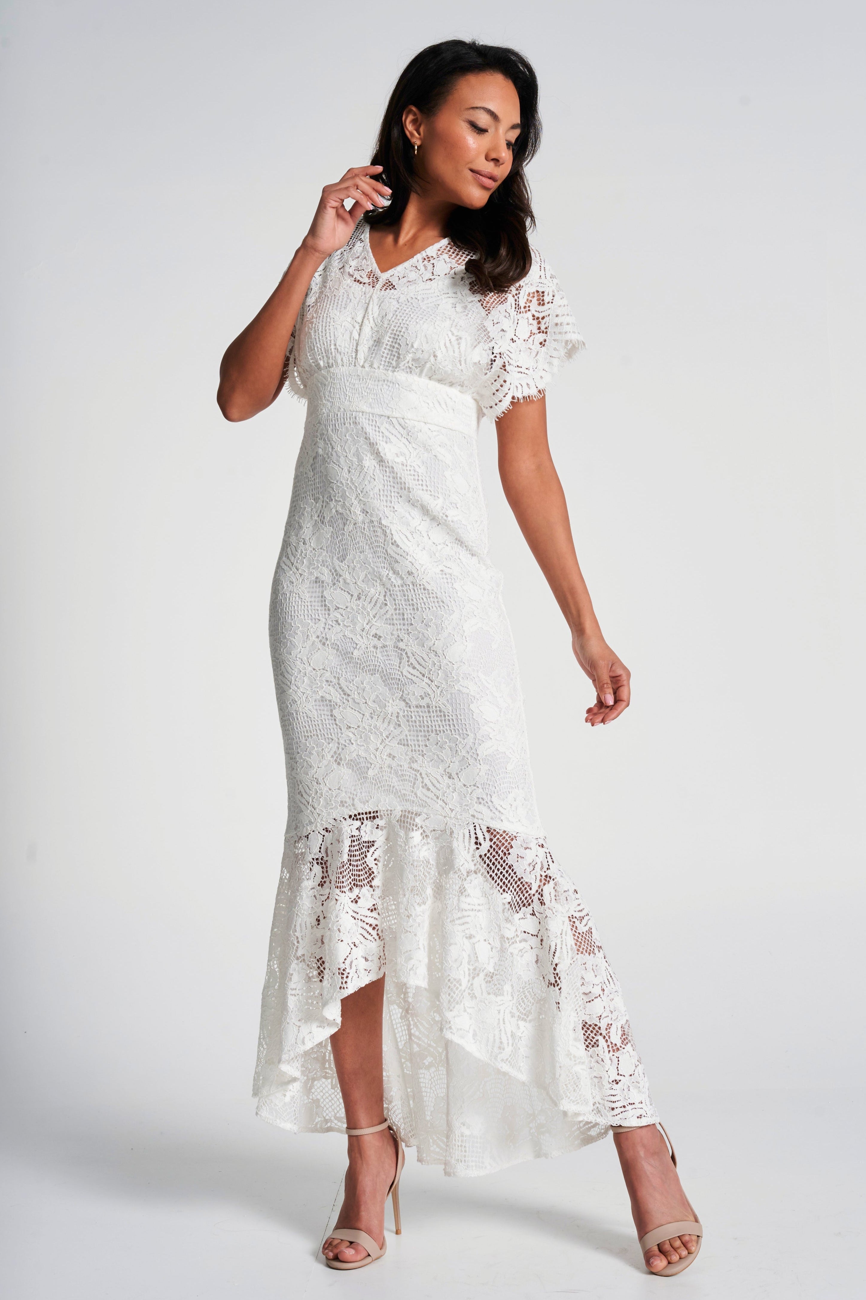 Marguerite White Lace Dip Hem Midaxi Dress