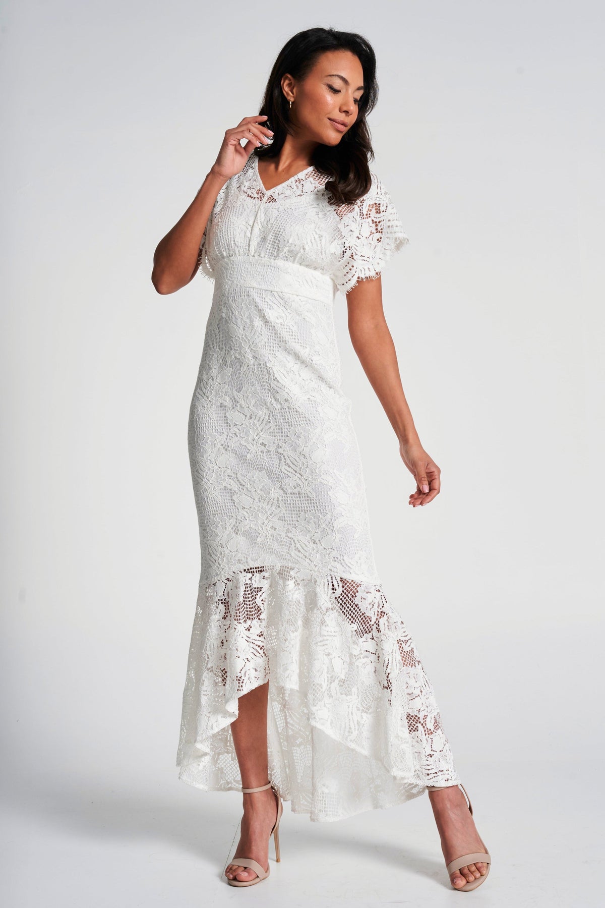 Marguerite White Lace Dip Hem Midaxi Dress
