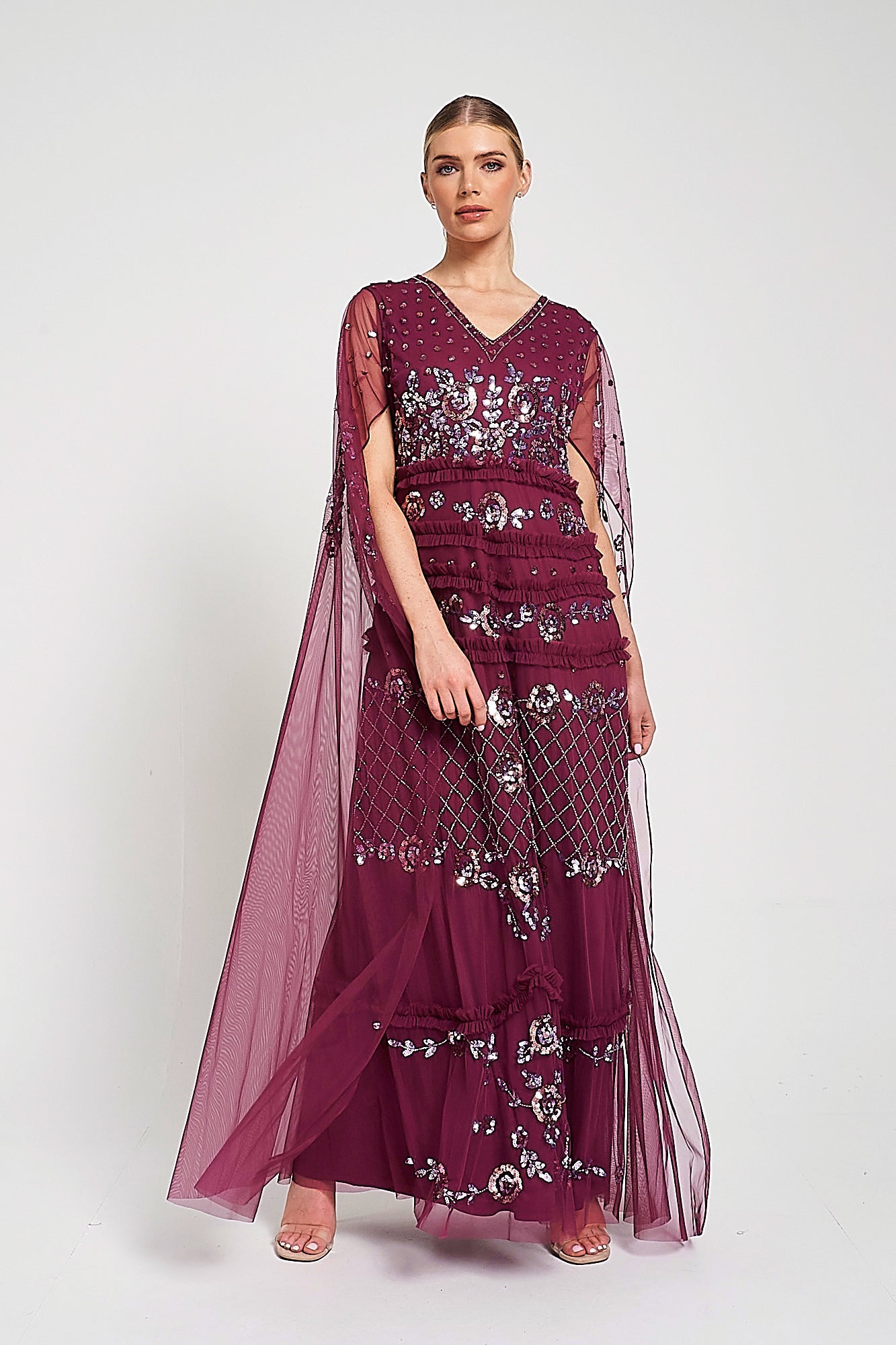 Marilla Embellished Cape Sleeve Maxi Dress