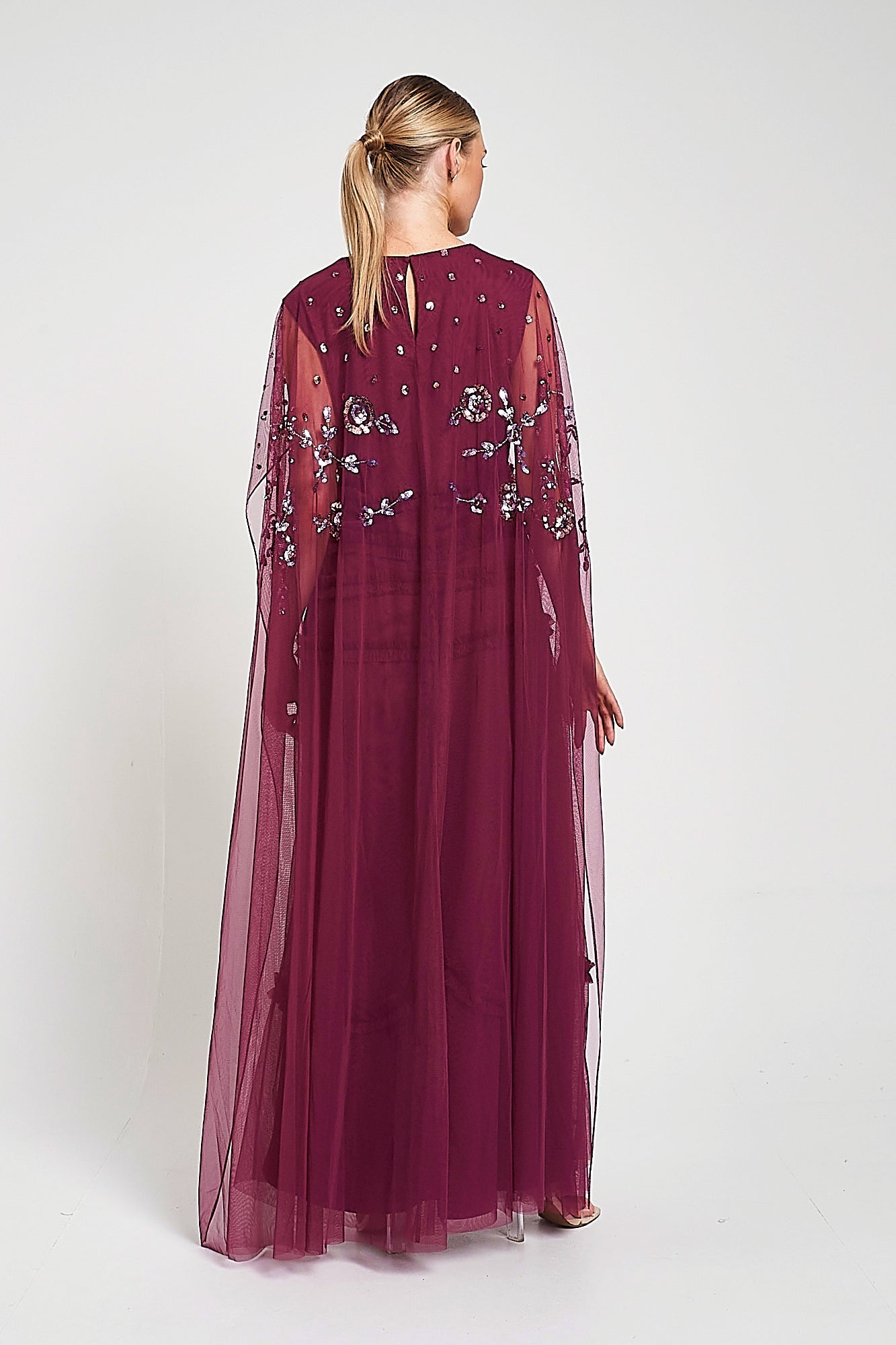 Marilla Embellished Cape Sleeve Maxi Dress