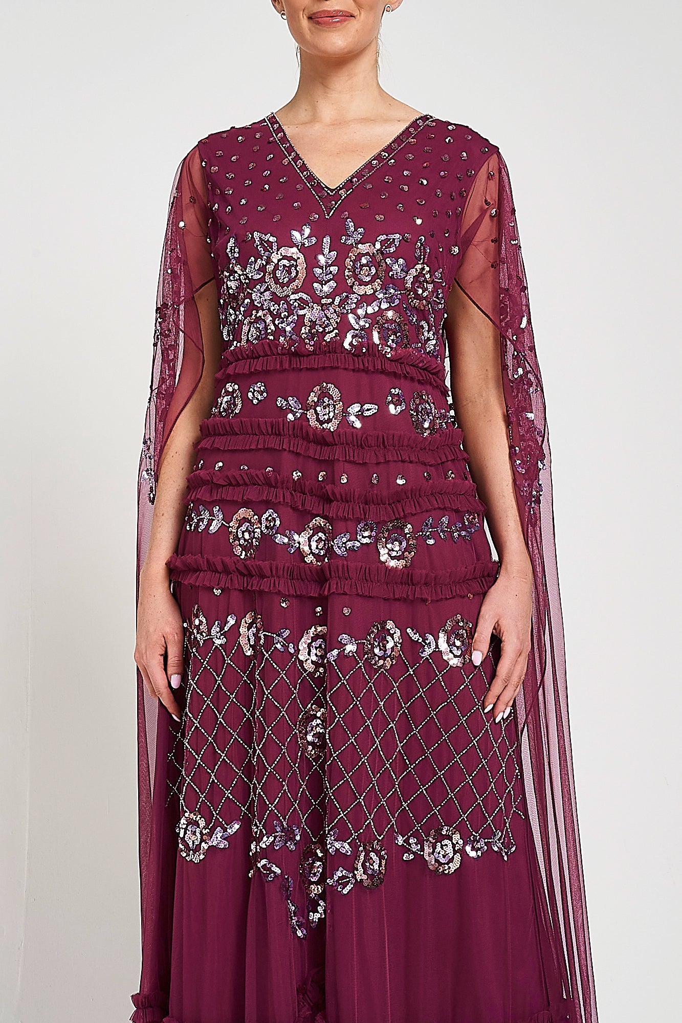 Marilla Embellished Cape Sleeve Maxi Dress