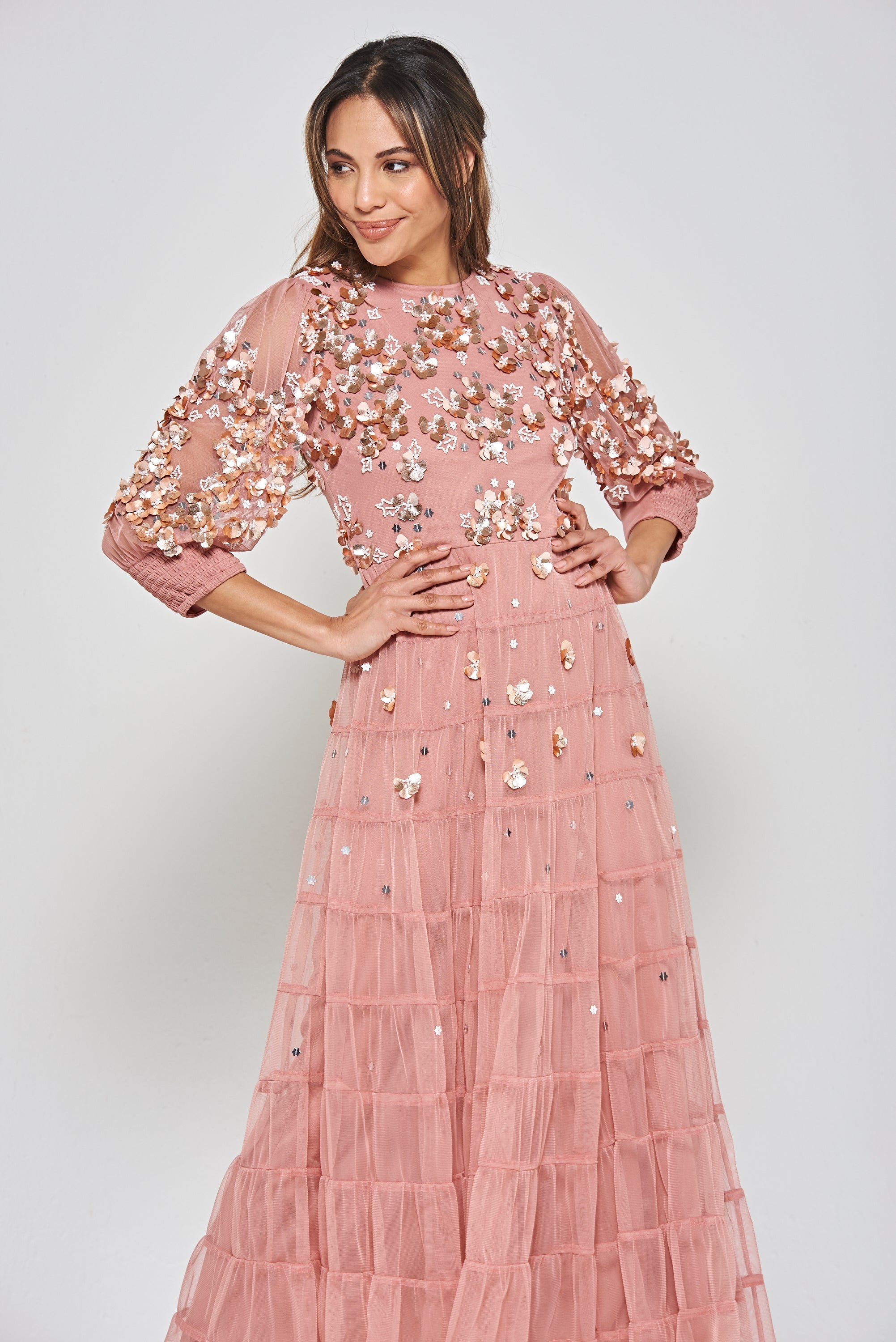 Marissa Embellished Tiered Maxi Dress - Rose Tan