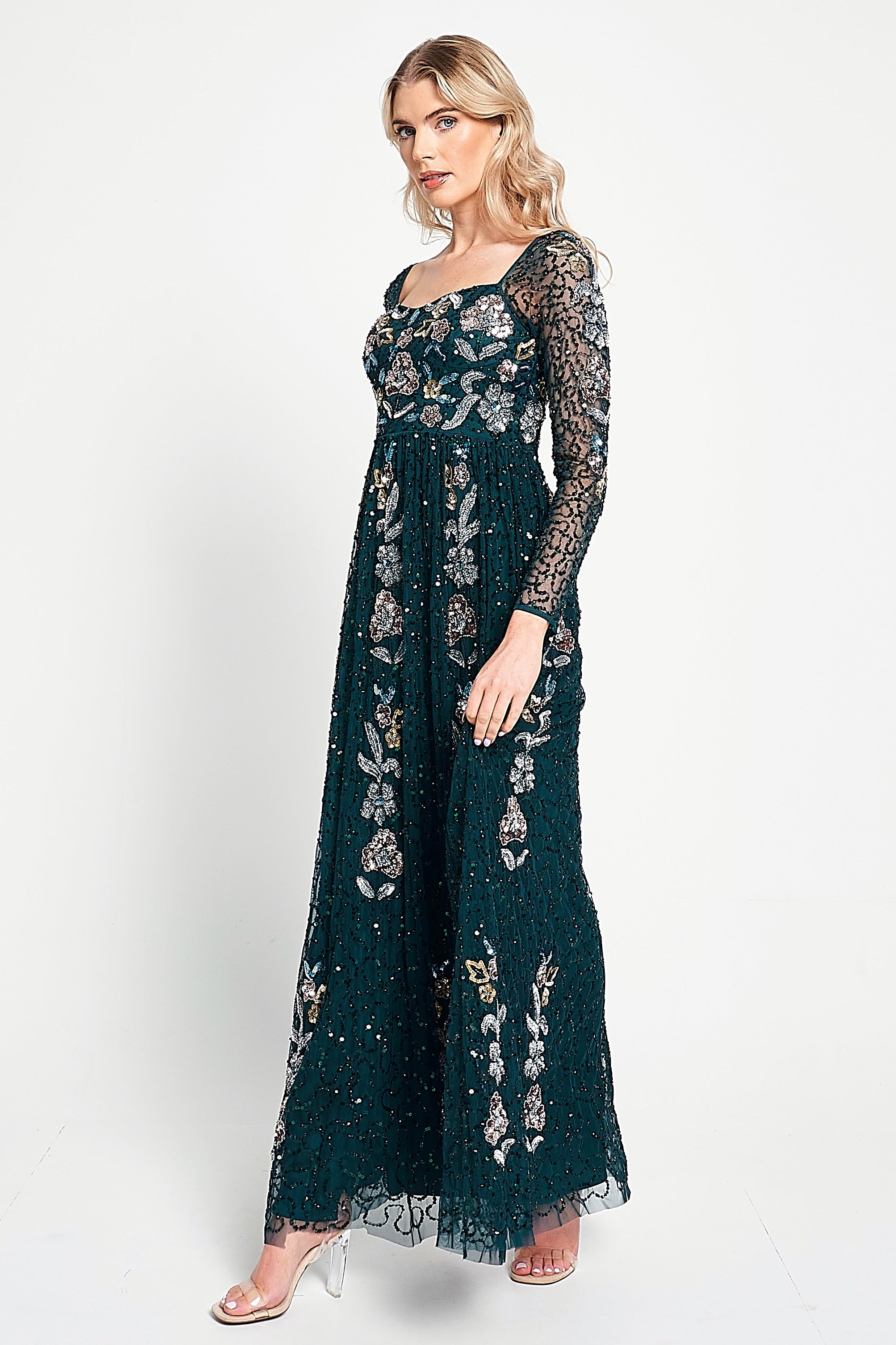 Martina Green Floral Embellished Maxi Dress