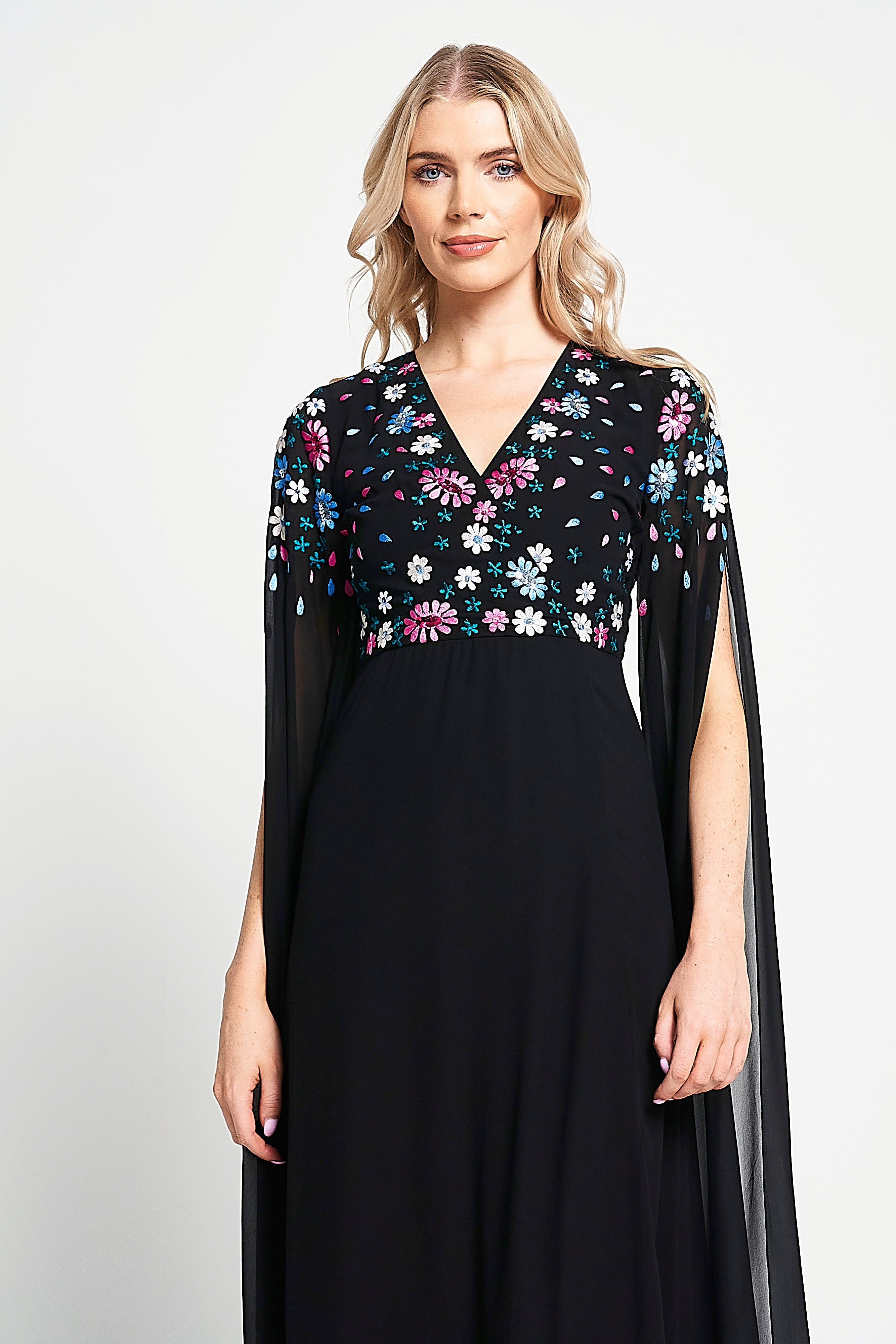 Mayra Black Floral Embroidered Cape Sleeve Maxi Dress