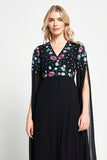 Mayra Black Floral Embroidered Cape Sleeve Maxi Dress