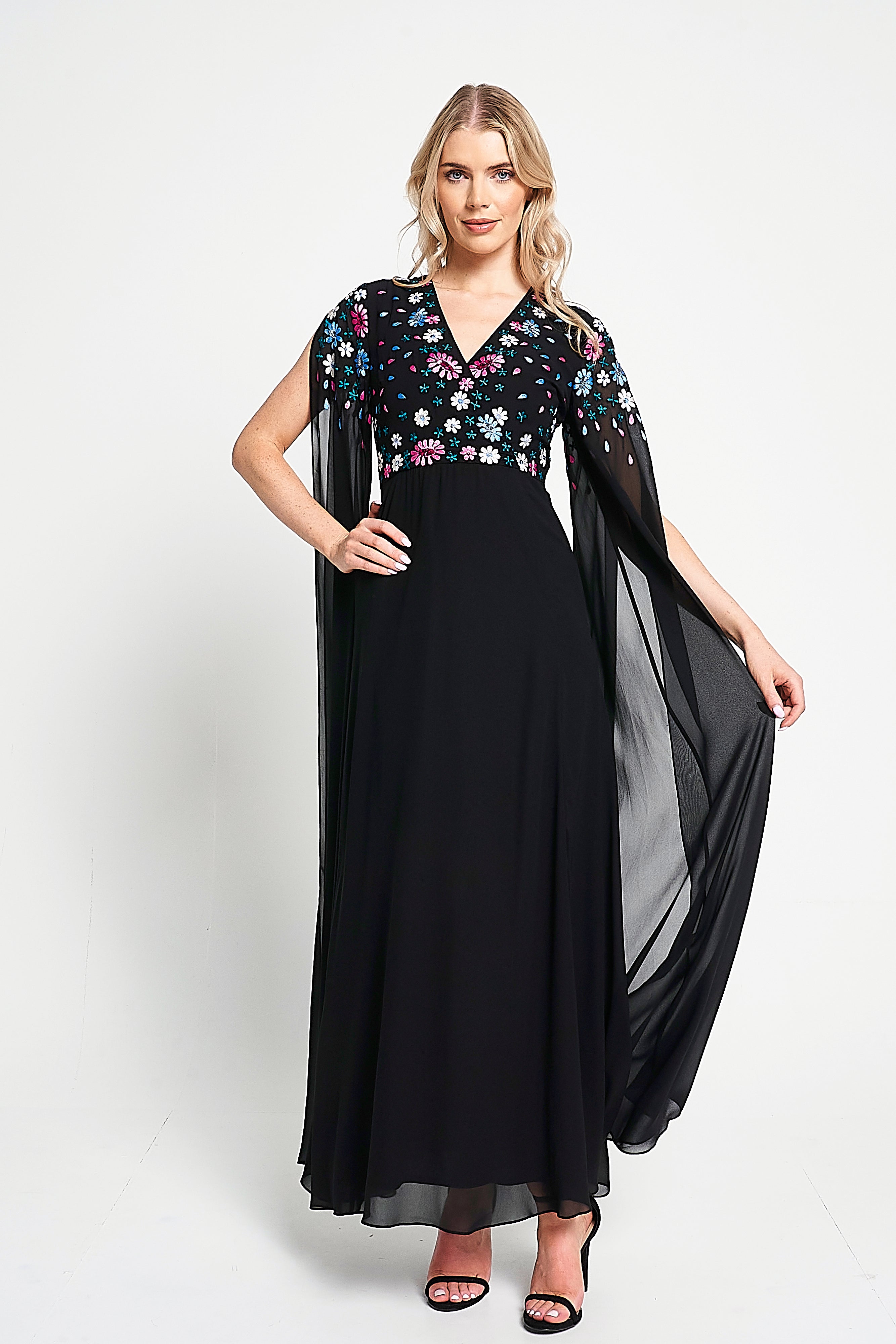 Mayra Black Floral Embroidered Cape Sleeve Maxi Dress