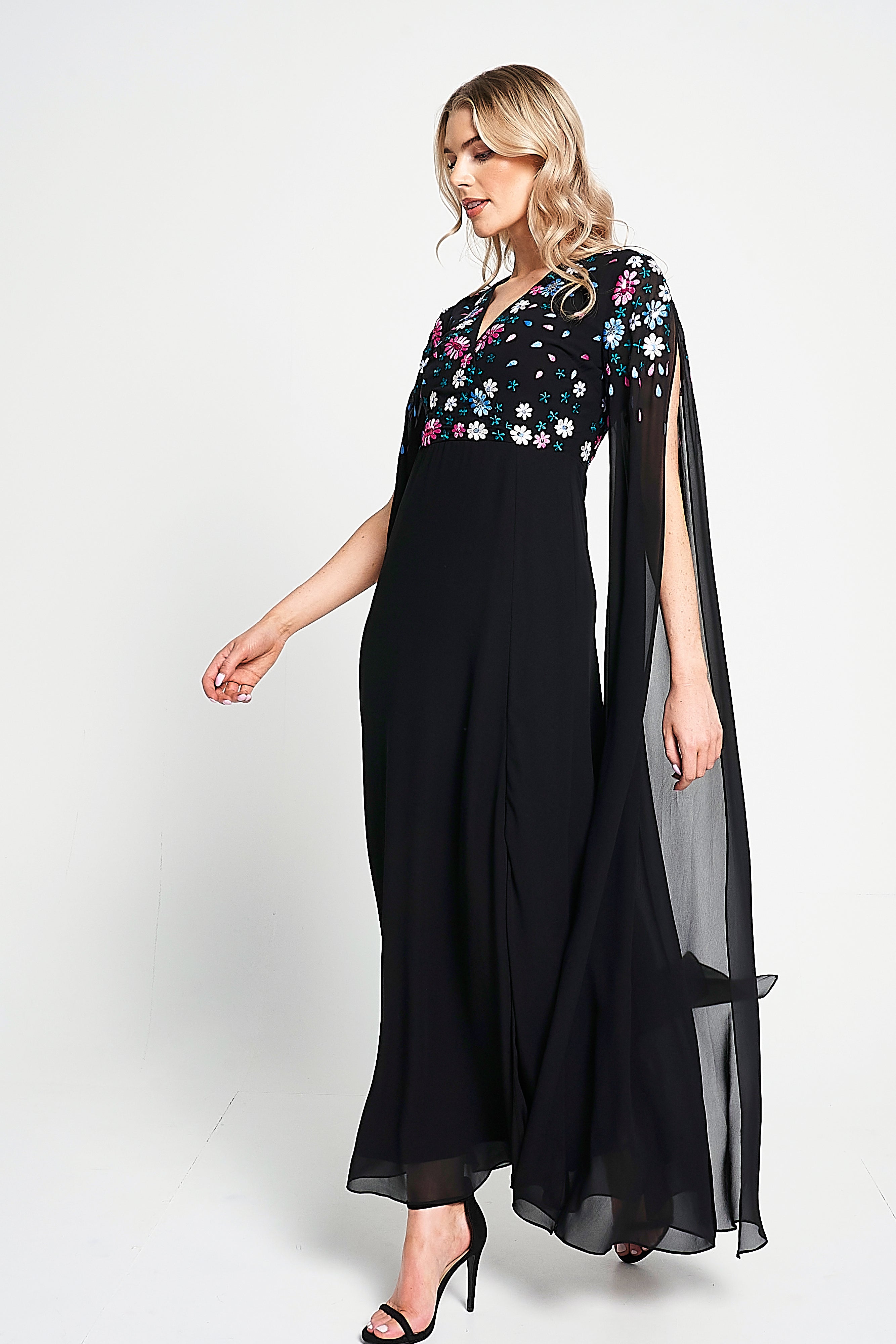 Mayra Black Floral Embroidered Cape Sleeve Maxi Dress