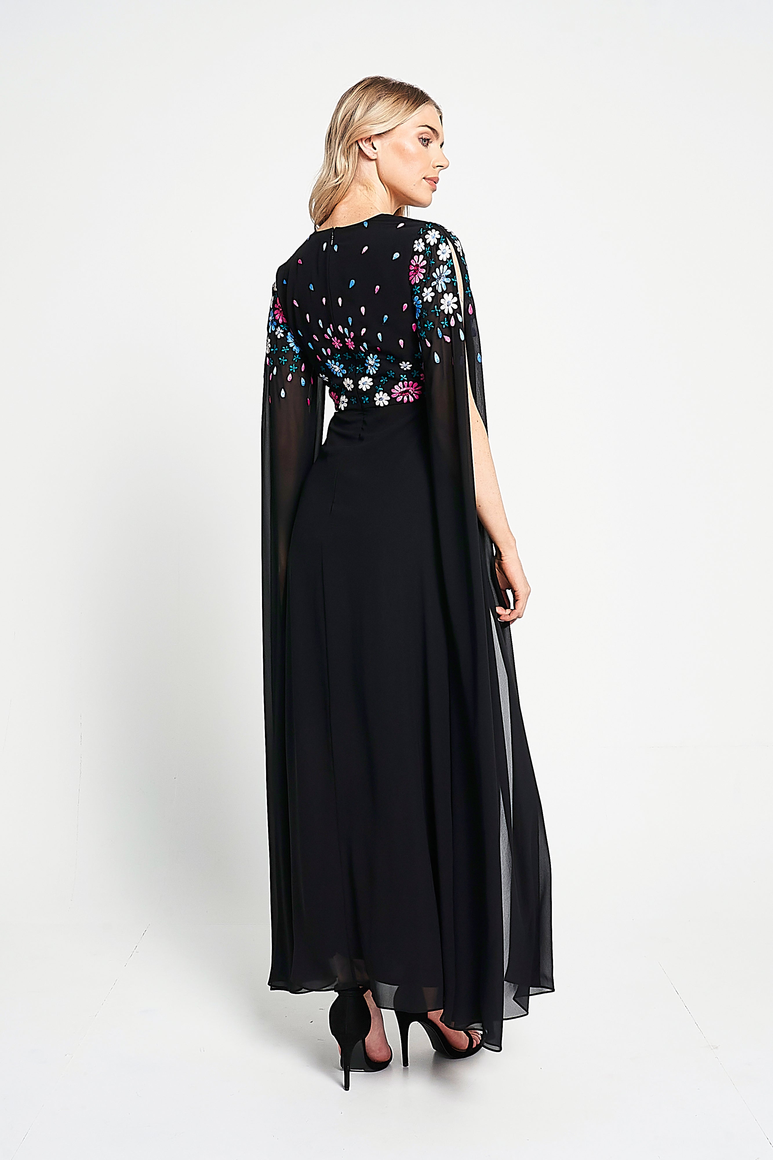 Mayra Black Floral Embroidered Cape Sleeve Maxi Dress