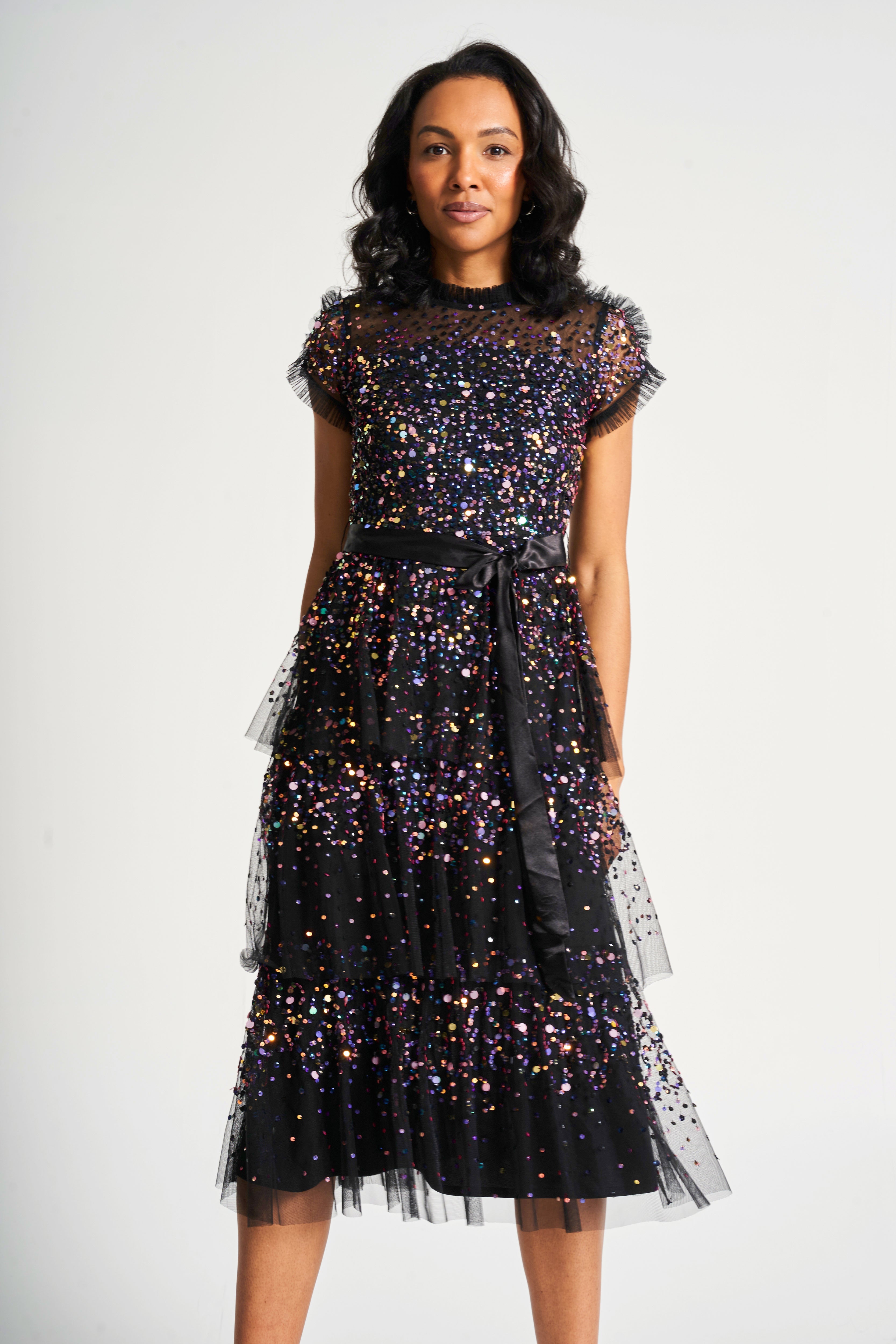 Medora Black Sequin Midi Dress