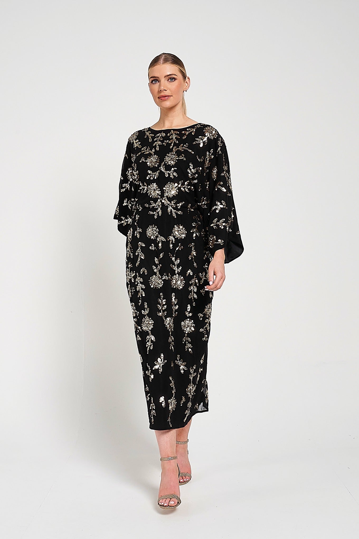 Melantha Black Floral Embellished Midaxi Dress