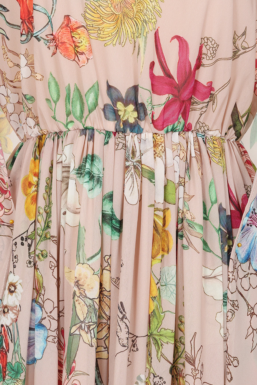 Melia floral print cape sleeve maxi dress by Frock and Frill with vibrant floral pattern and flowing silhouette designed for elegant occasion wear styling