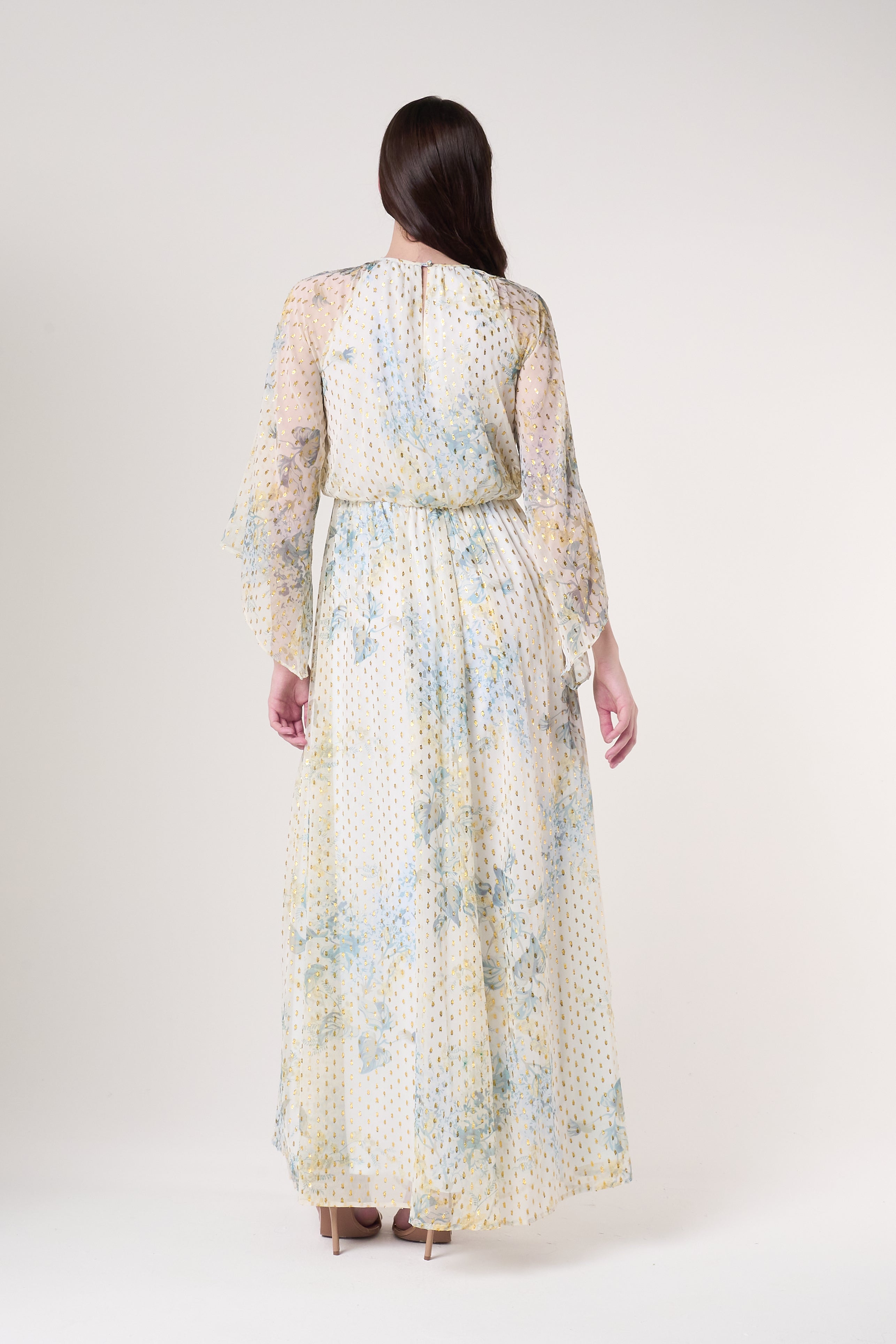 Melissa cream floral print maxi dress by Frock & Frill with sheer long sleeves