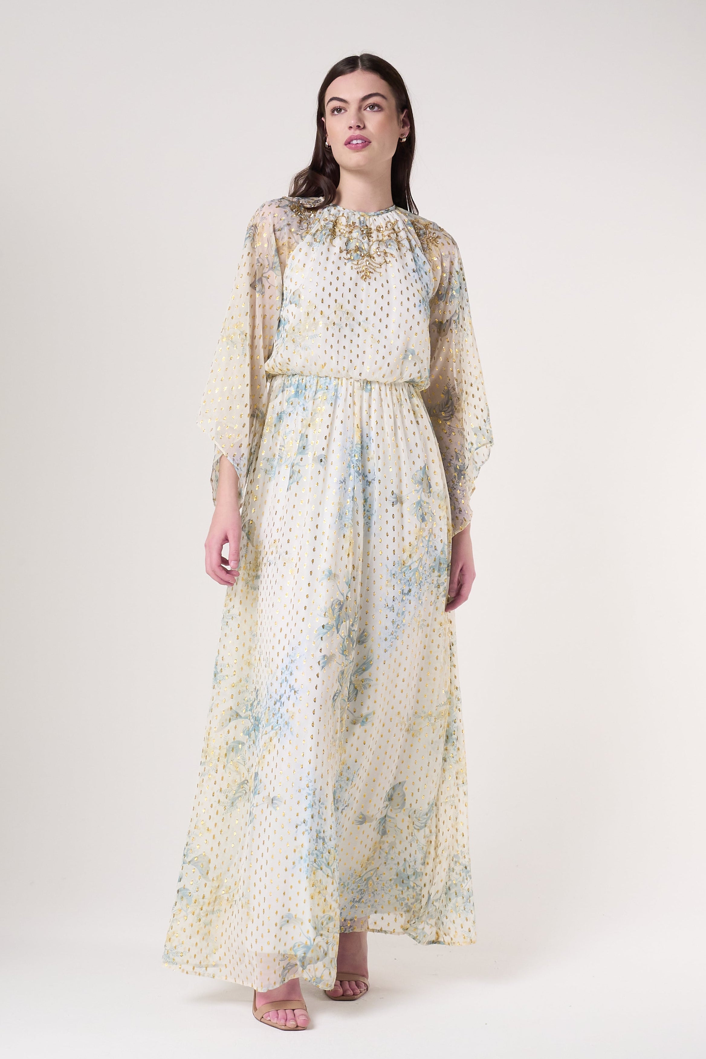 Melissa cream floral print maxi dress by Frock & Frill with sheer long sleeves