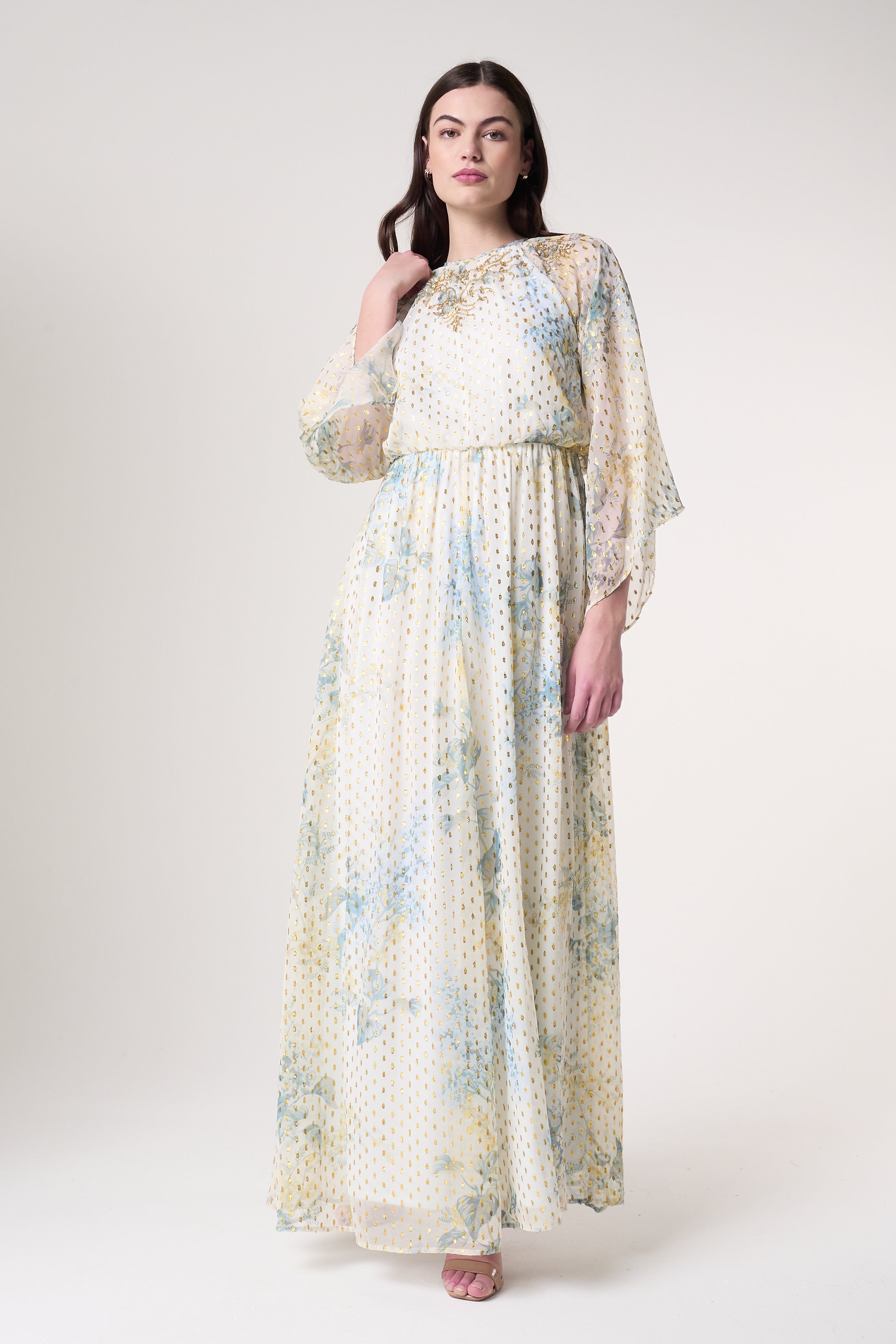 Melissa cream floral print maxi dress by Frock & Frill with sheer long sleeves