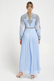 Meredith Blue Embellished Jumpsuit in ice blue with beaded bodice, long sheer sleeves and pleated wide-leg trousers for weddings and formal occasions.