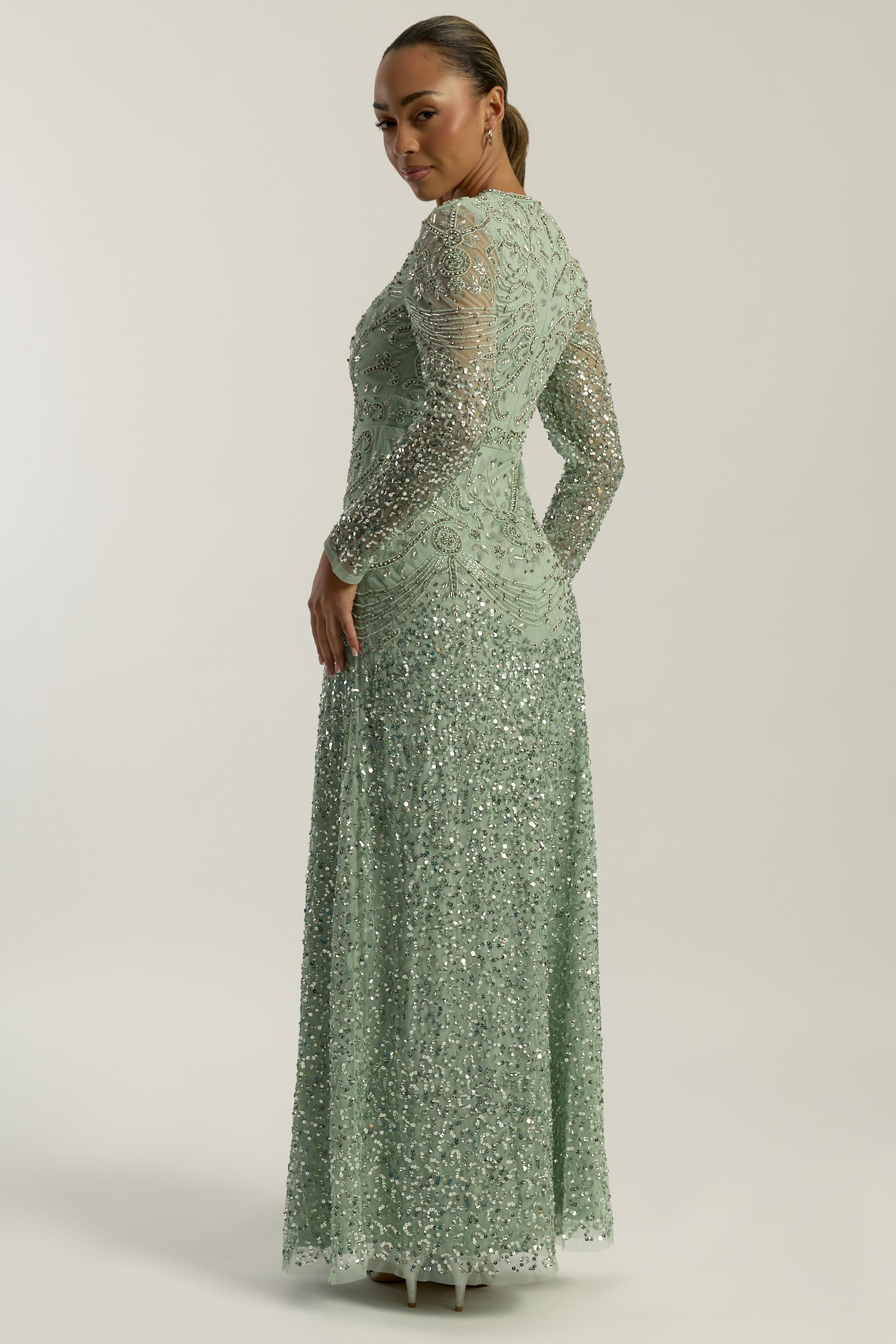 Miranda aqua green embellished maxi dress with long sleeves and all-over beadwork, full length modest evening gown