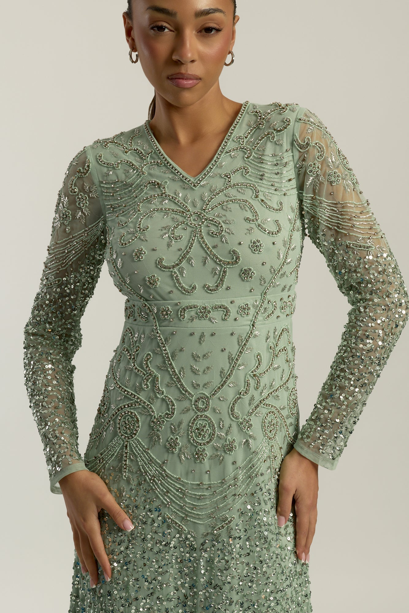 Miranda aqua green embellished maxi dress with long sleeves and all-over beadwork, full length modest evening gown