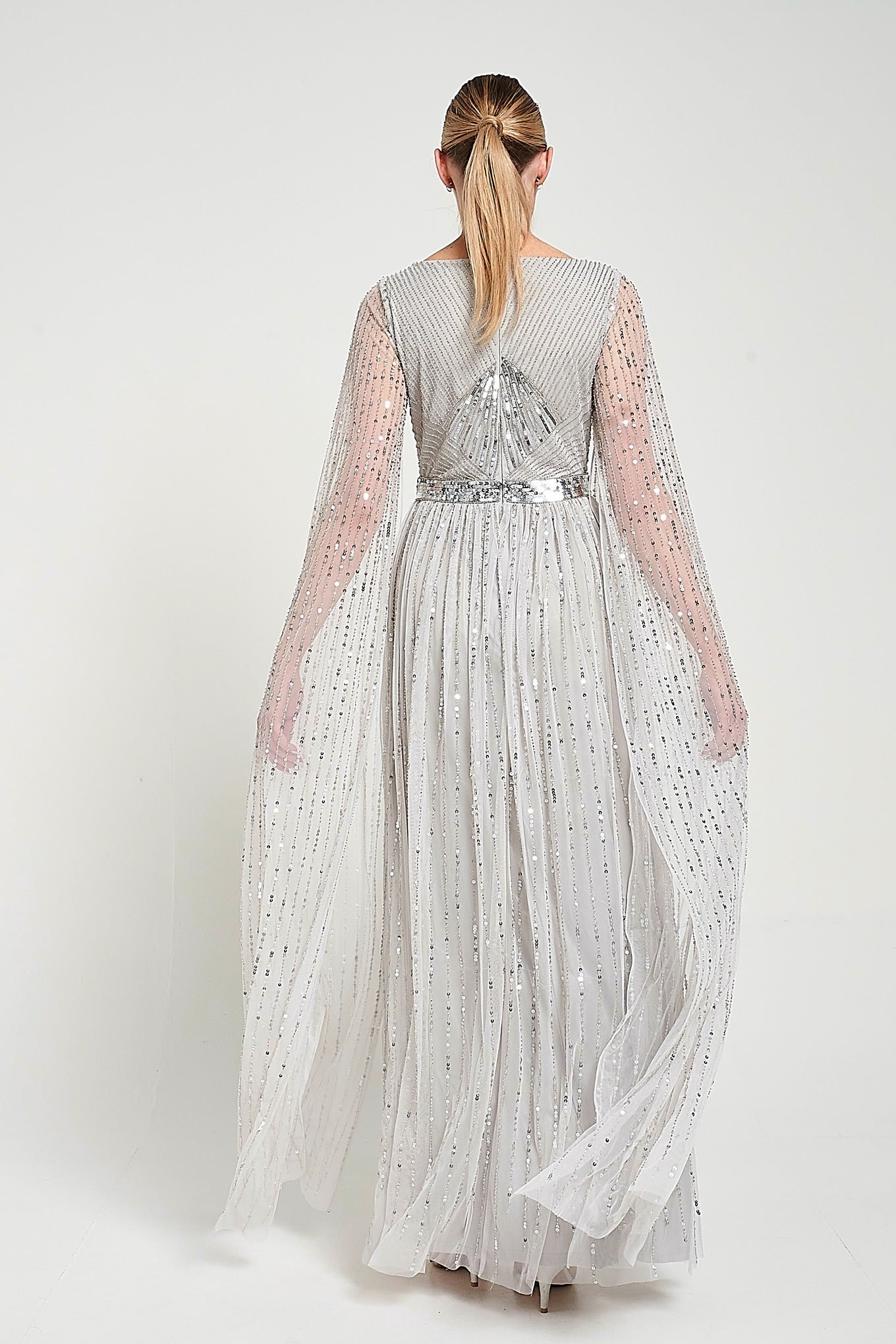 Morgan Grey Sequin Cape Sleeve Maxi Dress