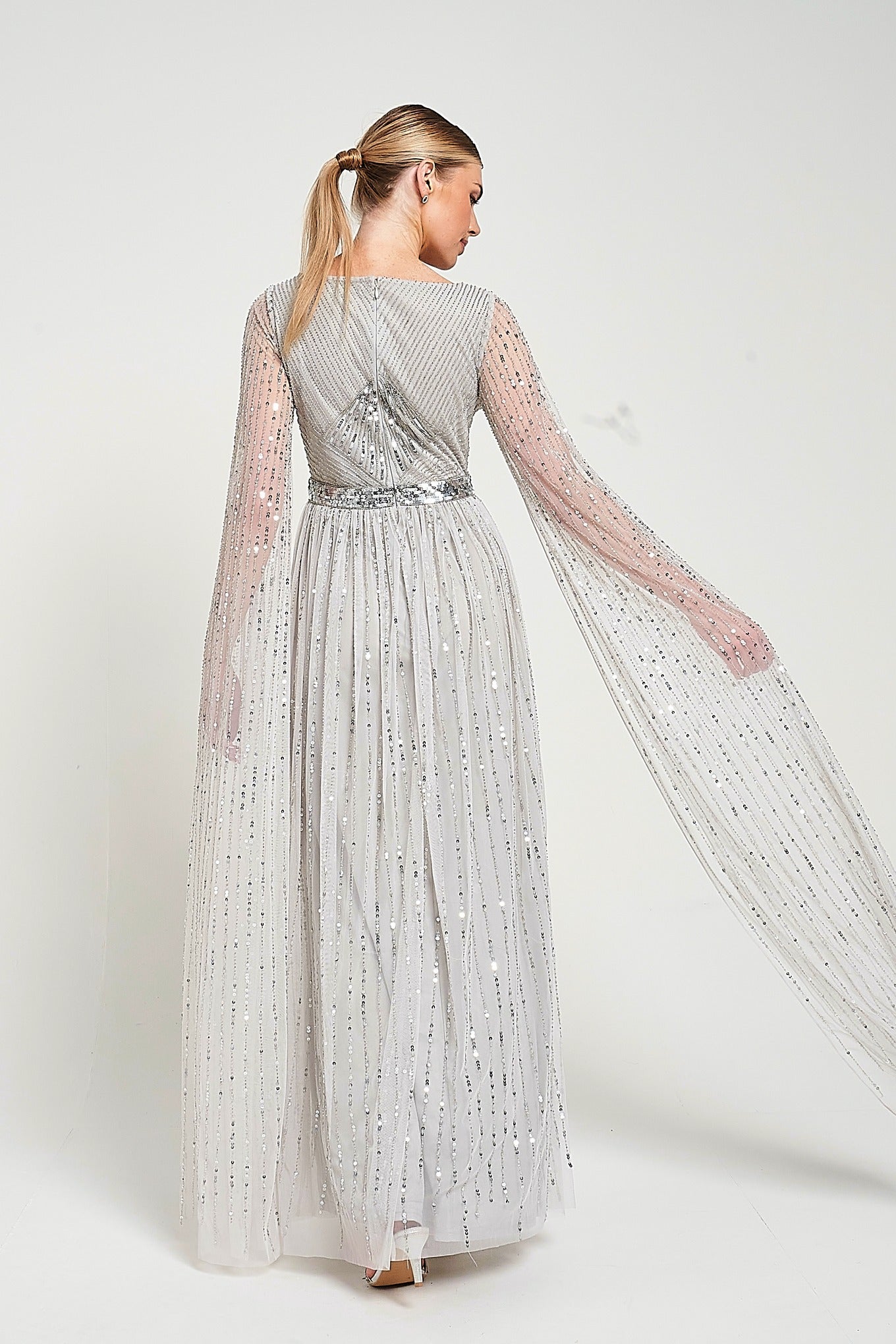 Morgan Grey Sequin Cape Sleeve Maxi Dress