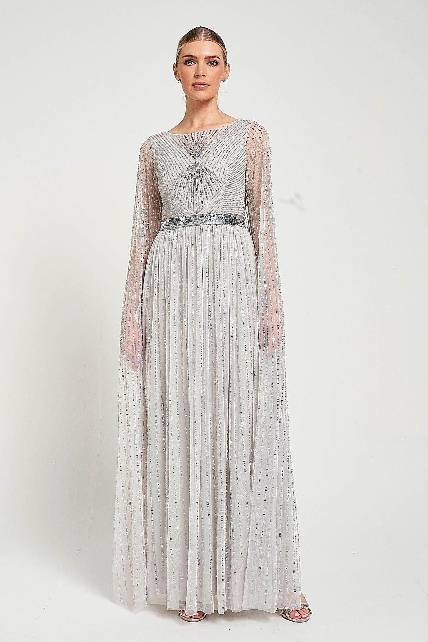 Morgan Grey Sequin Cape Sleeve Maxi Dress