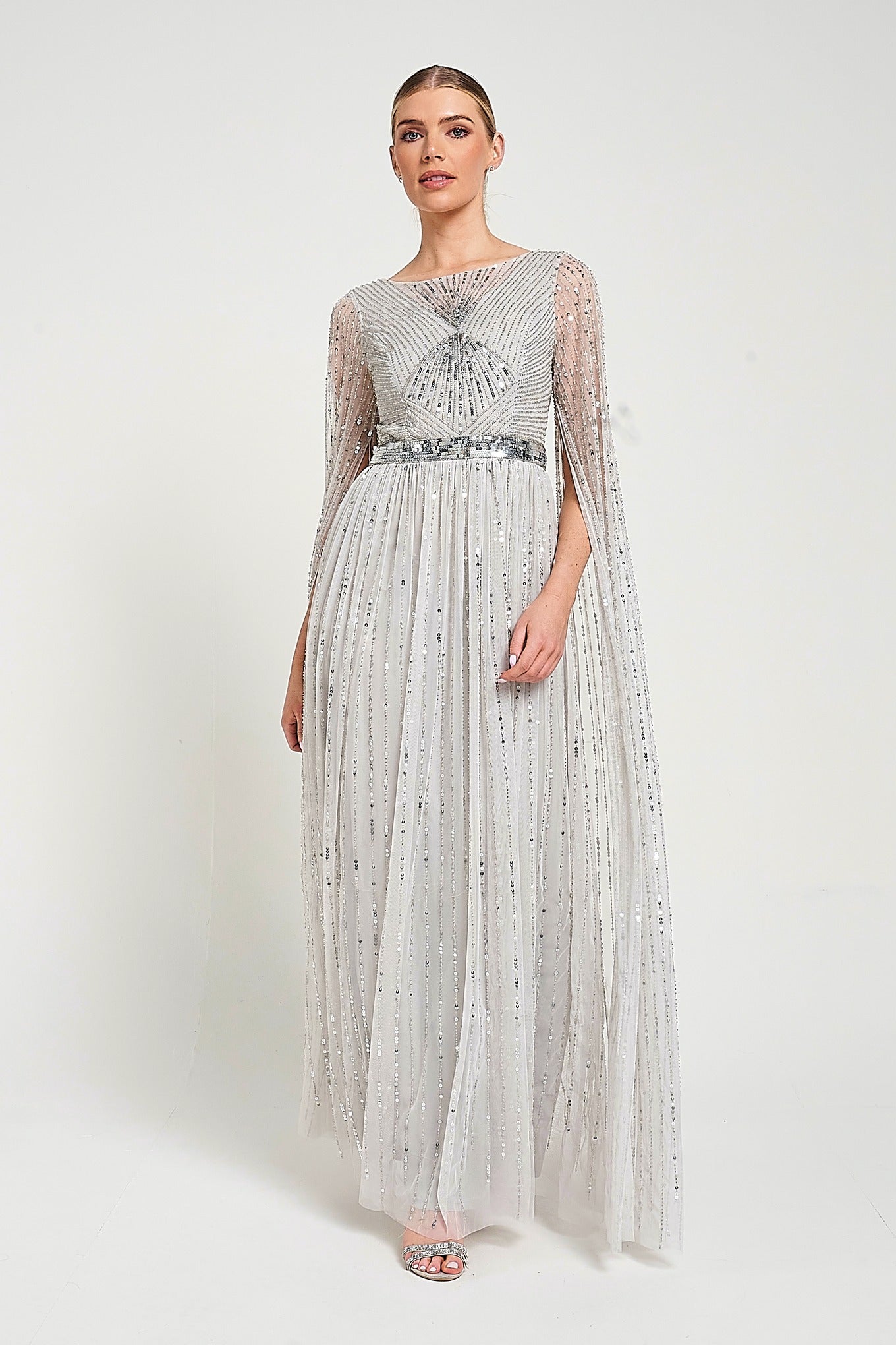 Morgan Grey Sequin Cape Sleeve Maxi Dress